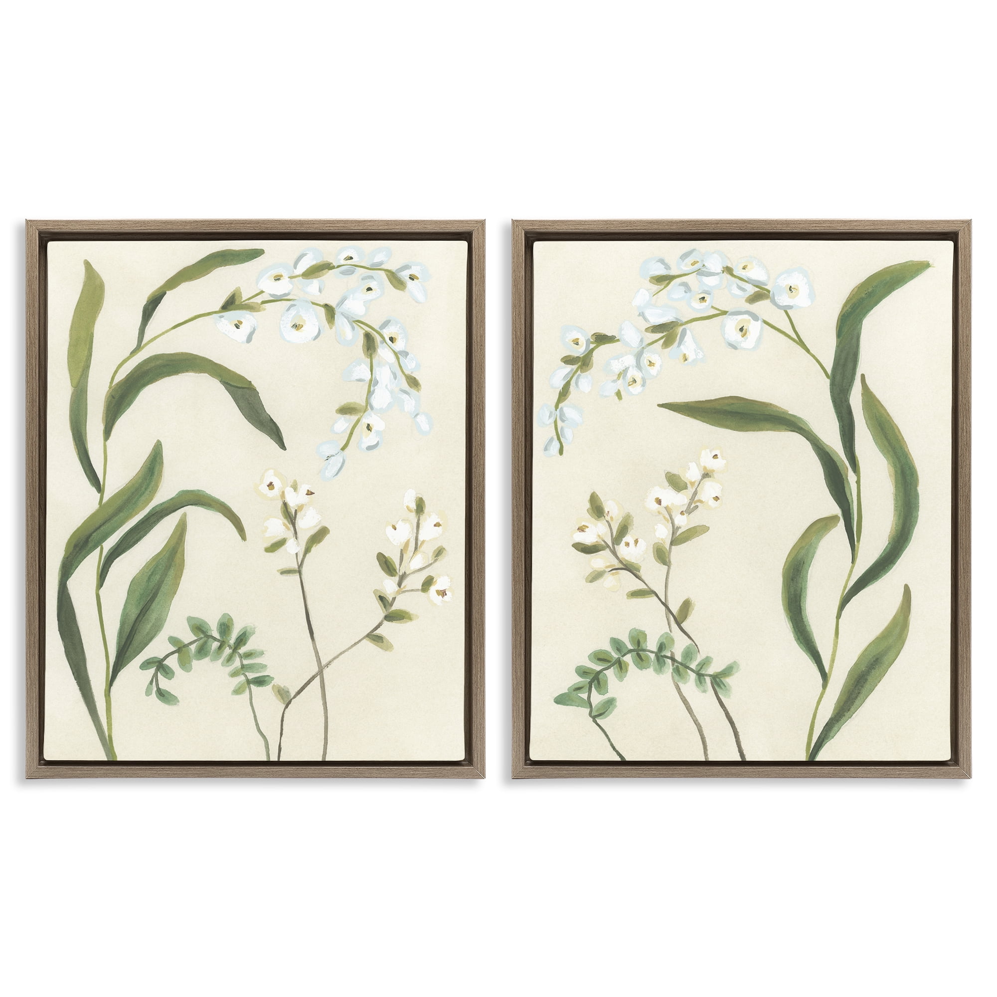 Stupell Industries Vintage Snowdrop Stems 2 Piece Brown Framed Floater Canvas Set, design by June Erica Vess