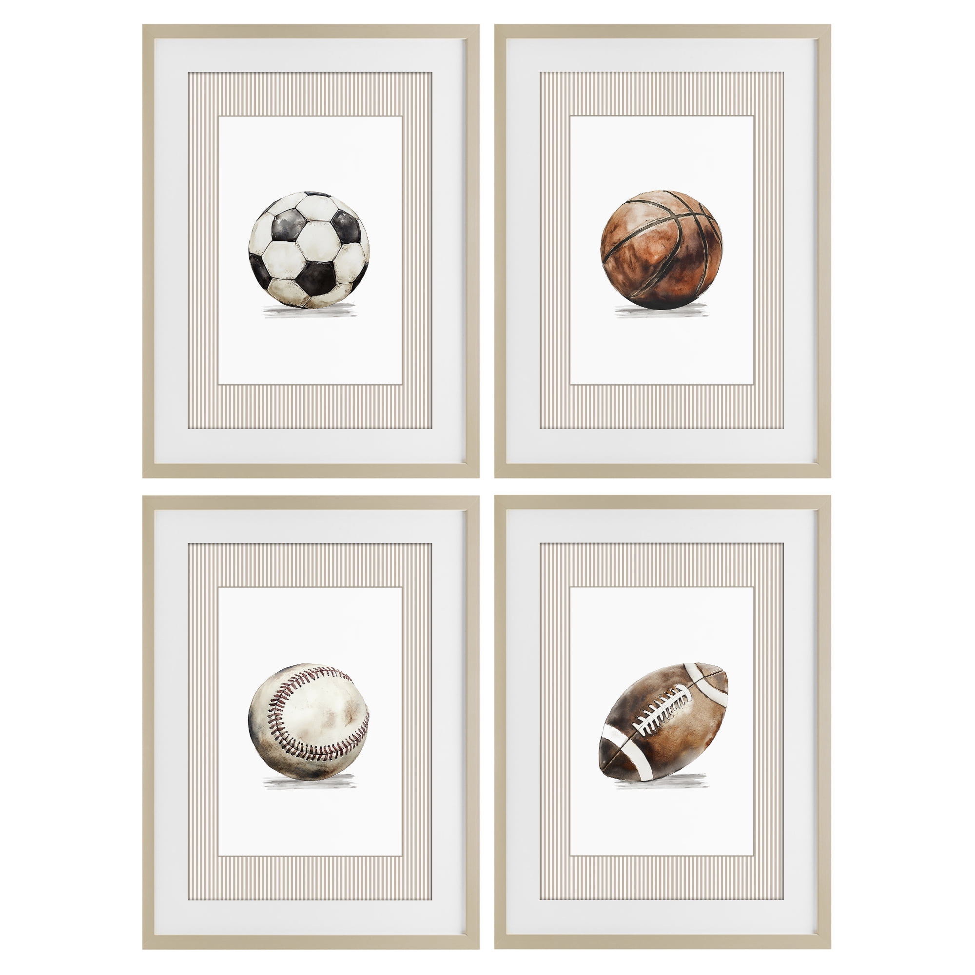 Stupell Industries Vintage Sports Beige Stripes 4 Piece Birch Framed Print Under Glass Set, design by Christine Simpson Art