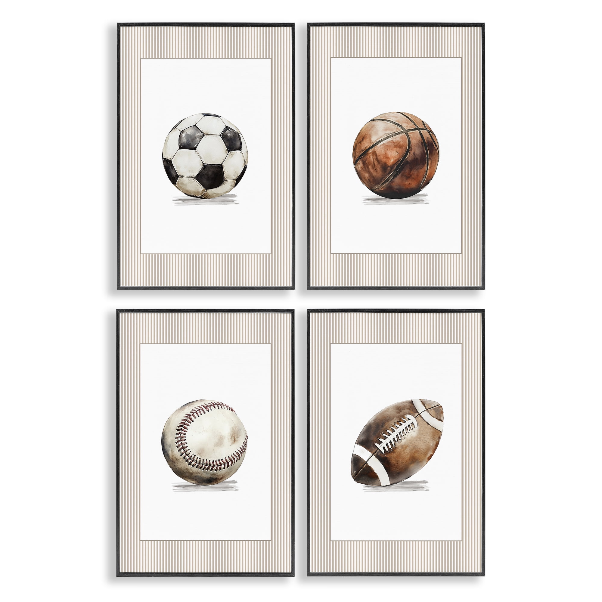 Stupell Industries Vintage Sports Beige Stripes 4 Piece Black Framed Giclee Art Set, design by Christine Simpson Art