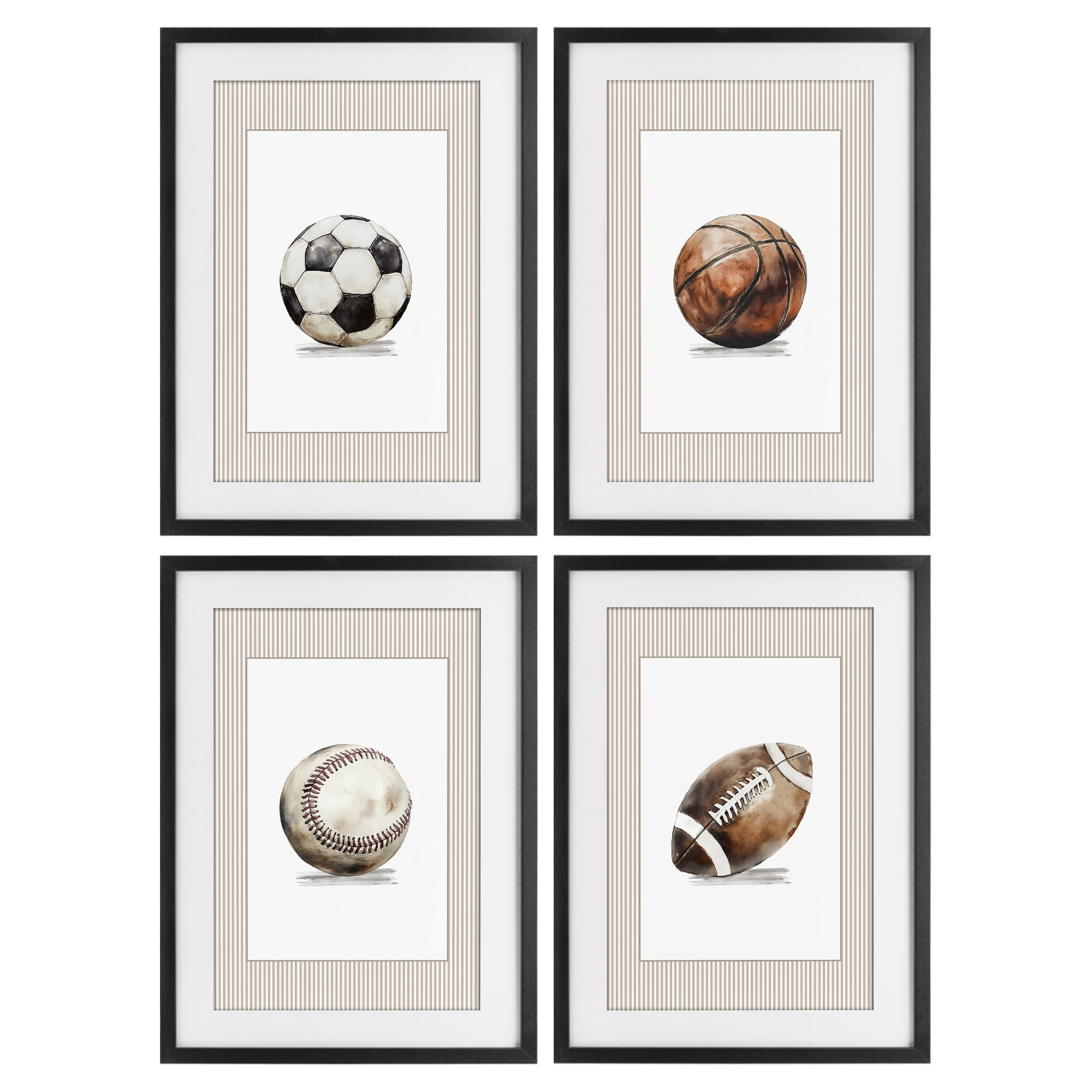 Stupell Industries Vintage Sports Beige Stripes 4 Piece Black Framed Print Under Glass Set, design by Christine Simpson Art