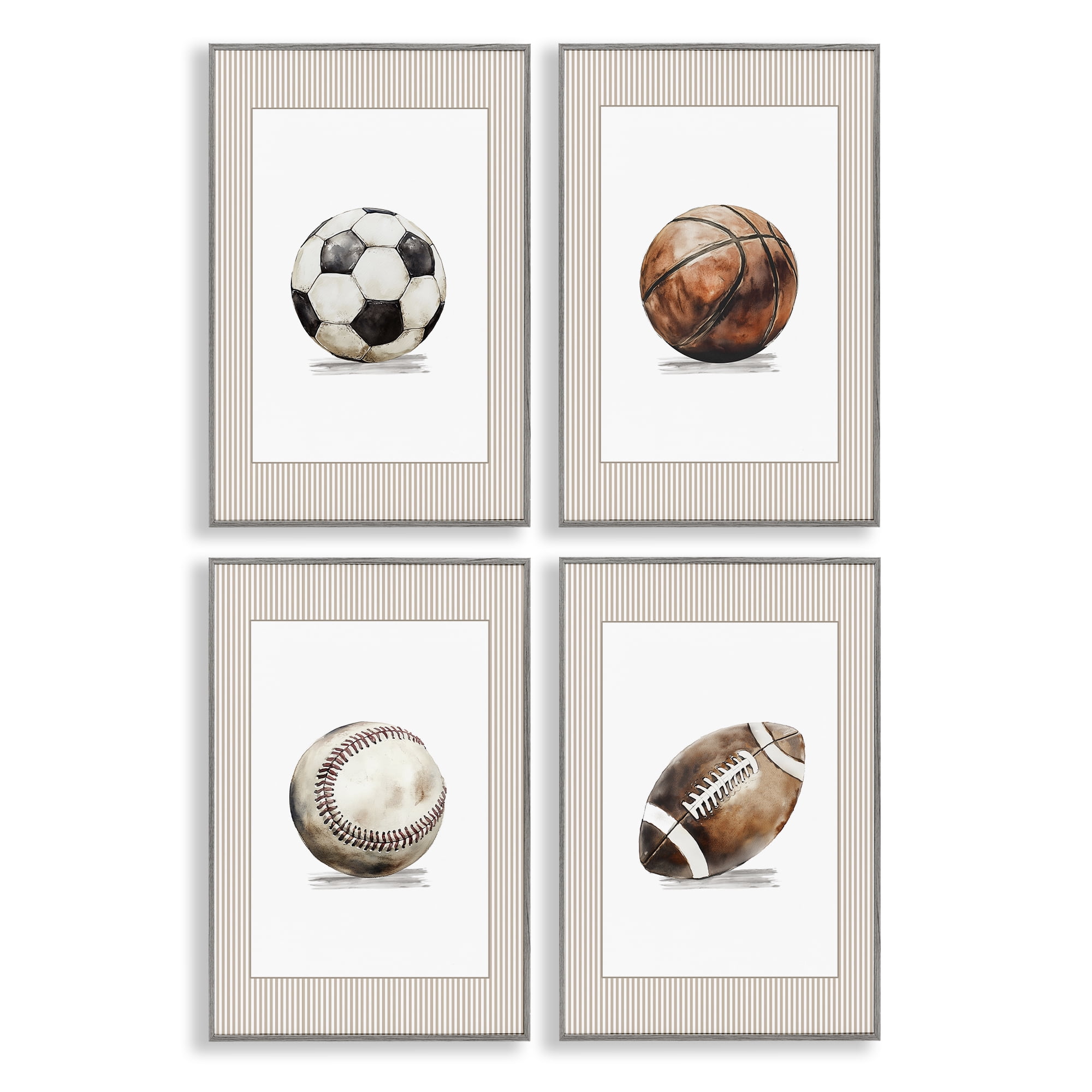 Stupell Industries Vintage Sports Beige Stripes 4 Piece Gray Framed Giclee Art Set, design by Christine Simpson Art