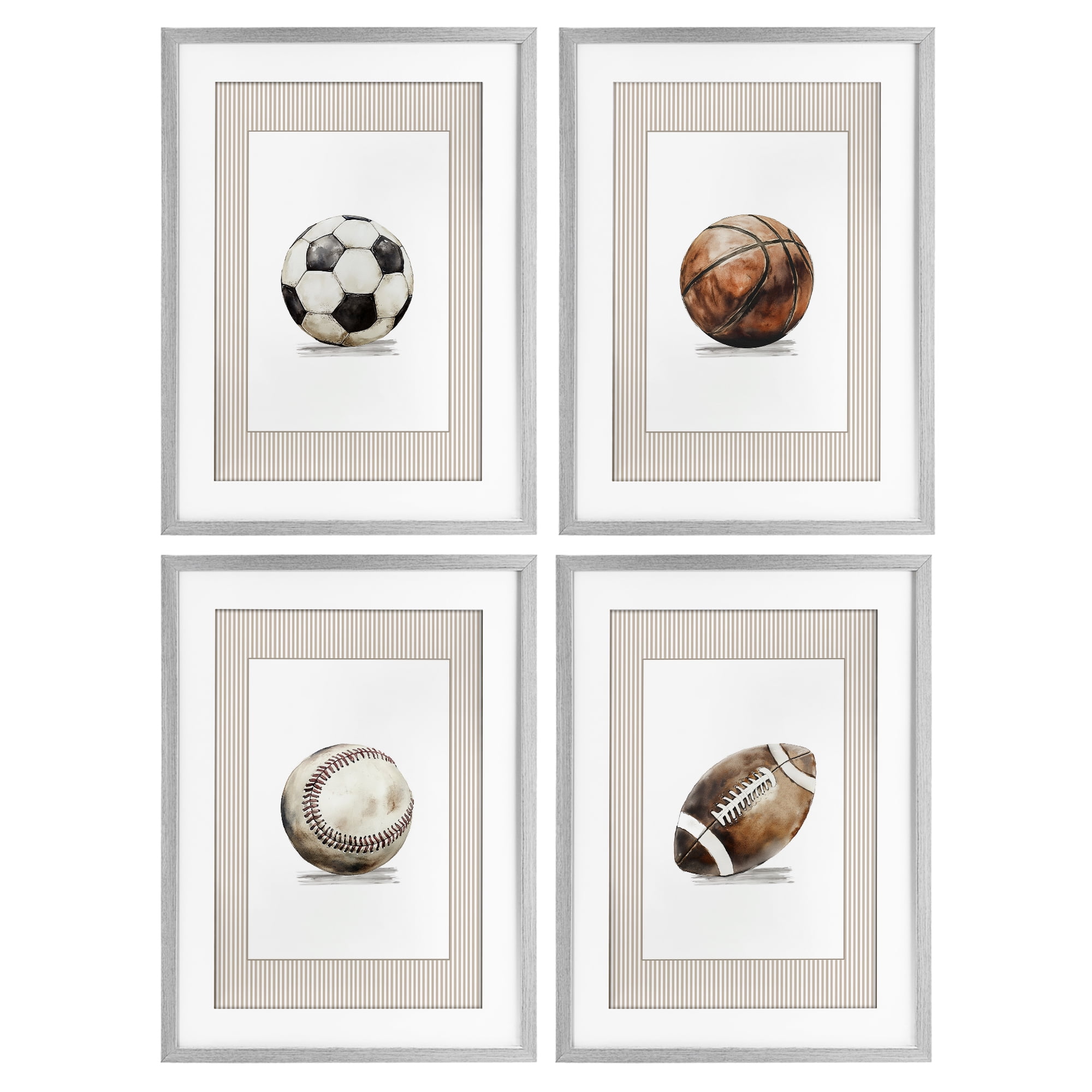 Stupell Industries Vintage Sports Beige Stripes 4 Piece Gray Framed Print Under Glass Set, design by Christine Simpson Art