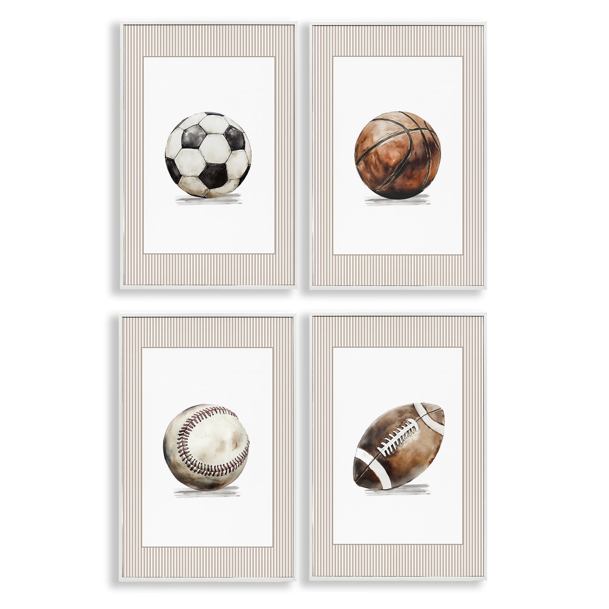 Stupell Industries Vintage Sports Beige Stripes 4 Piece White Framed Giclee Art Set, design by Christine Simpson Art