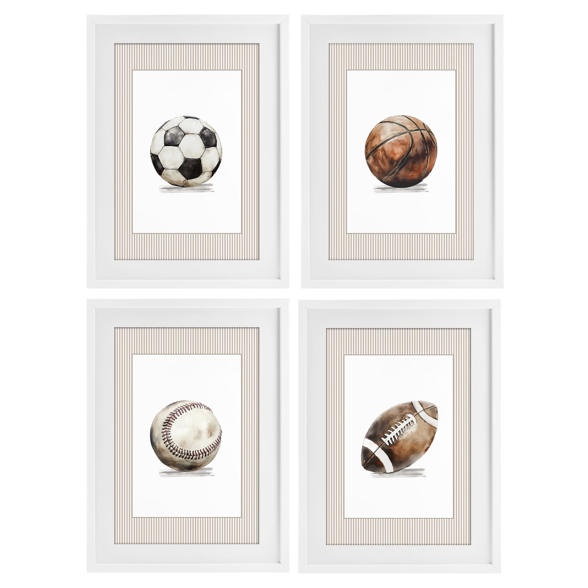 Stupell Industries Vintage Sports Beige Stripes 4 Piece White Framed Print Under Glass Set, design by Christine Simpson Art