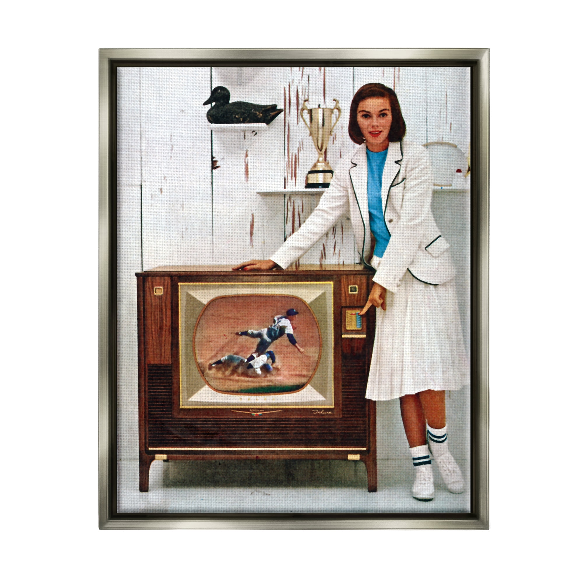 Stupell Industries Vintage Sports TV Ad Woman Beauty & Fashion Painting Gray Floater Framed Art Print Wall Art