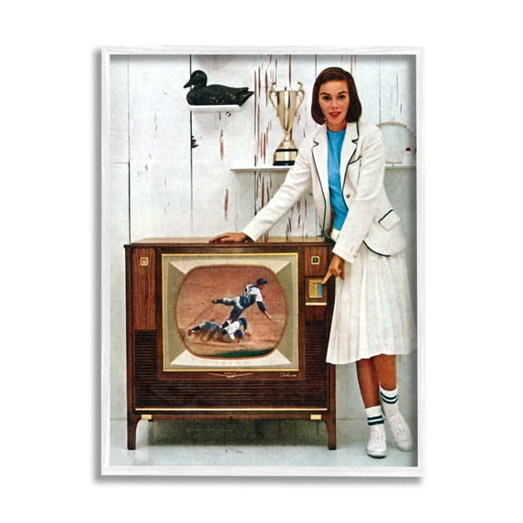 Stupell Industries Vintage Sports TV Ad Woman Beauty & Fashion Painting White Framed Art Print Wall Art