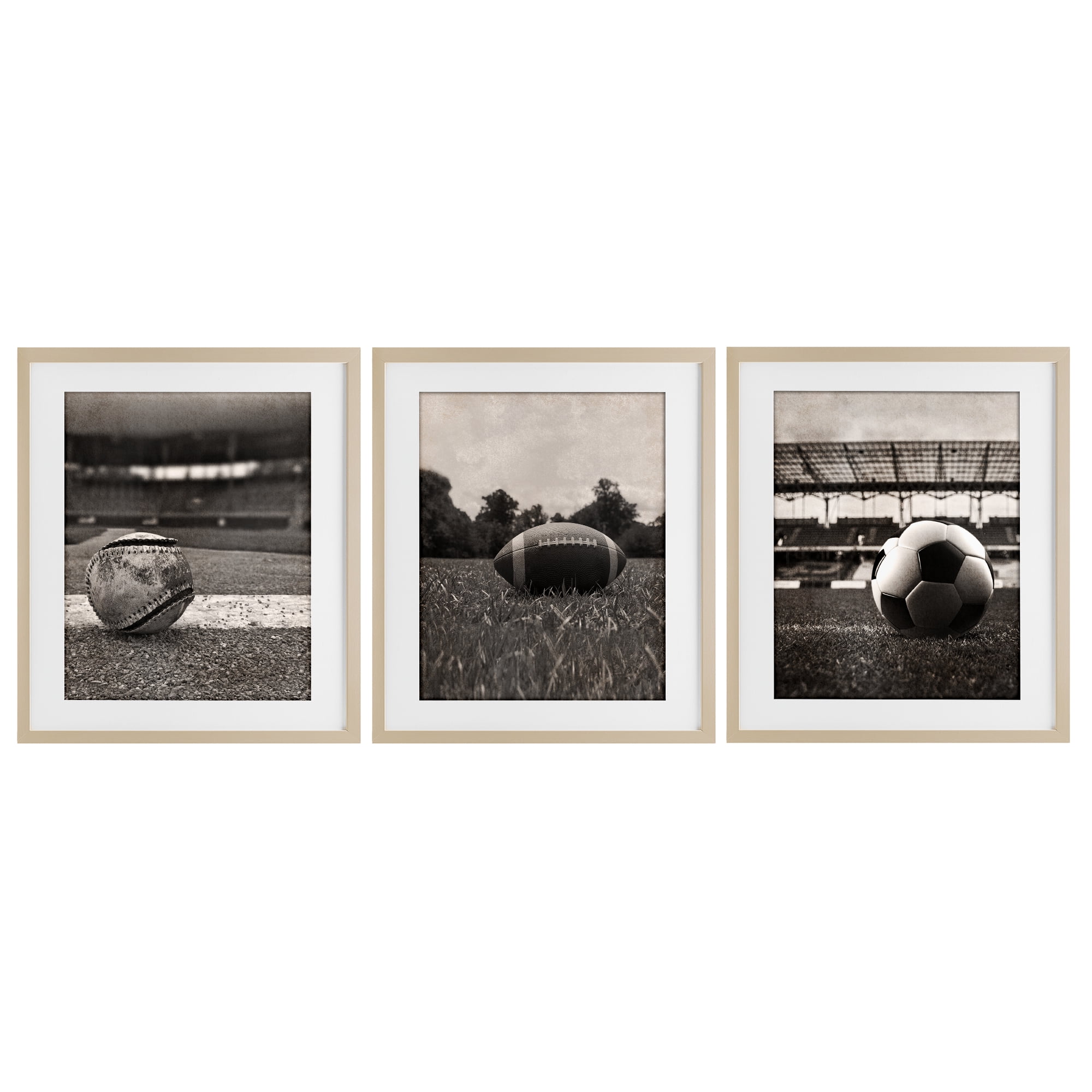 Stupell Industries Vintage Sports on Field 3 Piece Birch Framed Print Under Glass Set, design by Marcus Prime