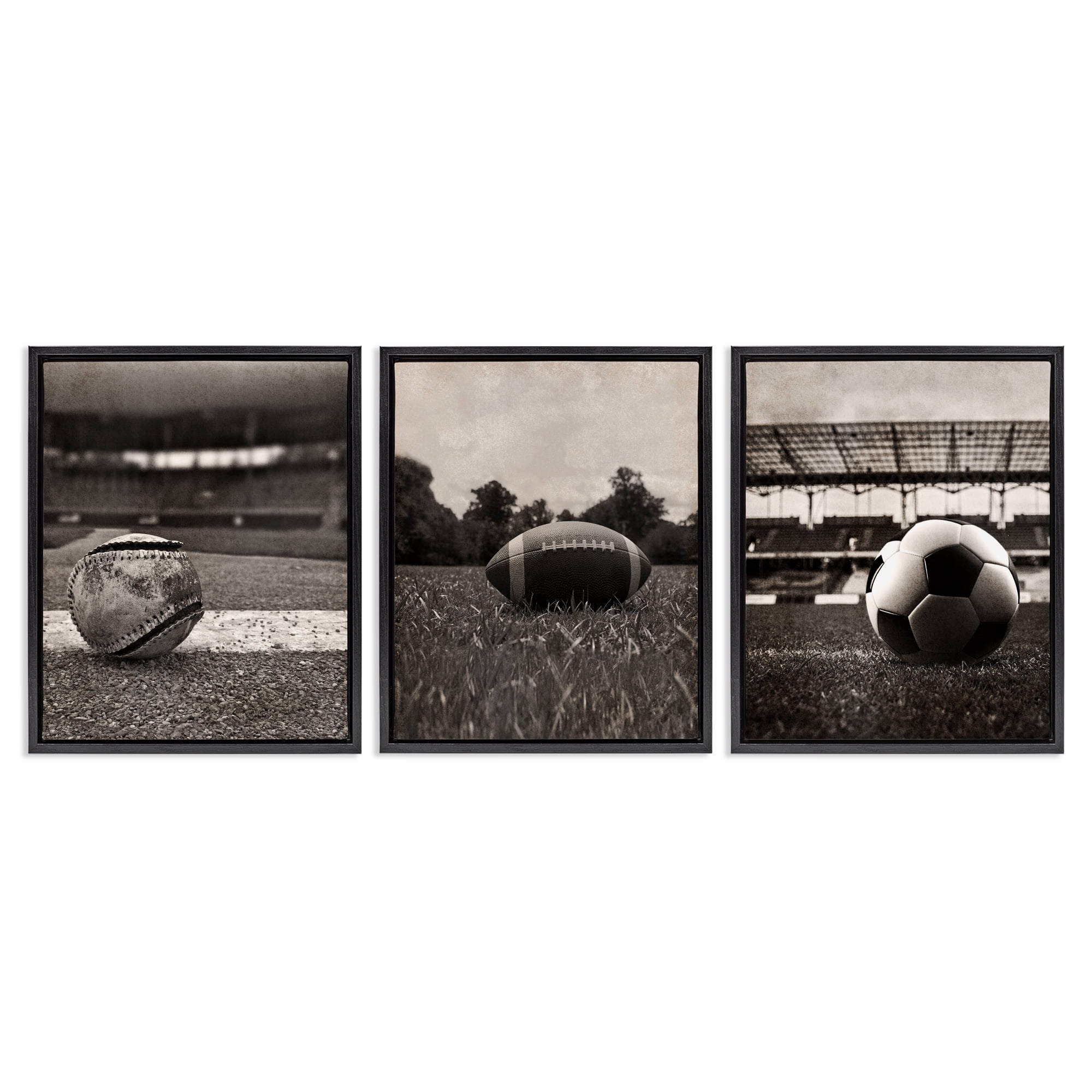 Stupell Industries Vintage Sports on Field 3 Piece Black Framed Floater Canvas Set, design by Marcus Prime