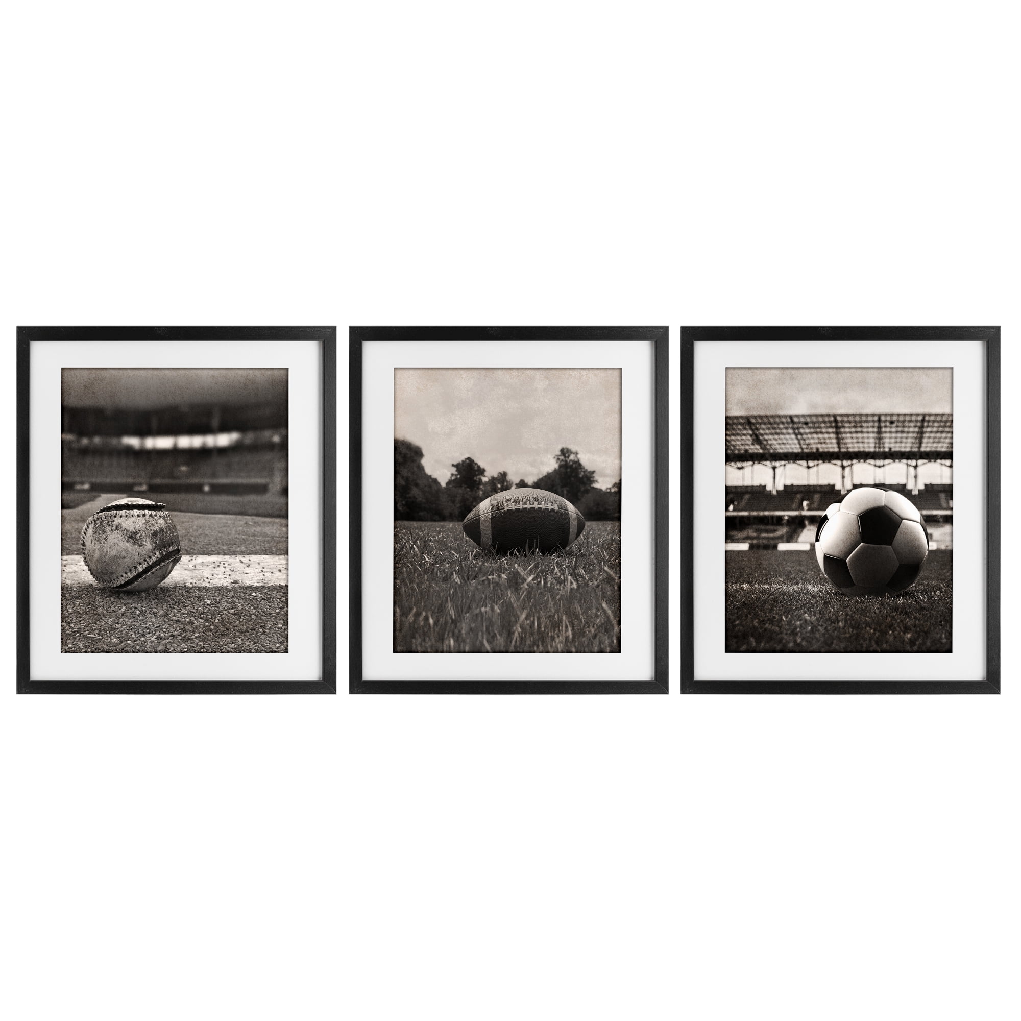 Stupell Industries Vintage Sports on Field 3 Piece Black Framed Print Under Glass Set, design by Marcus Prime