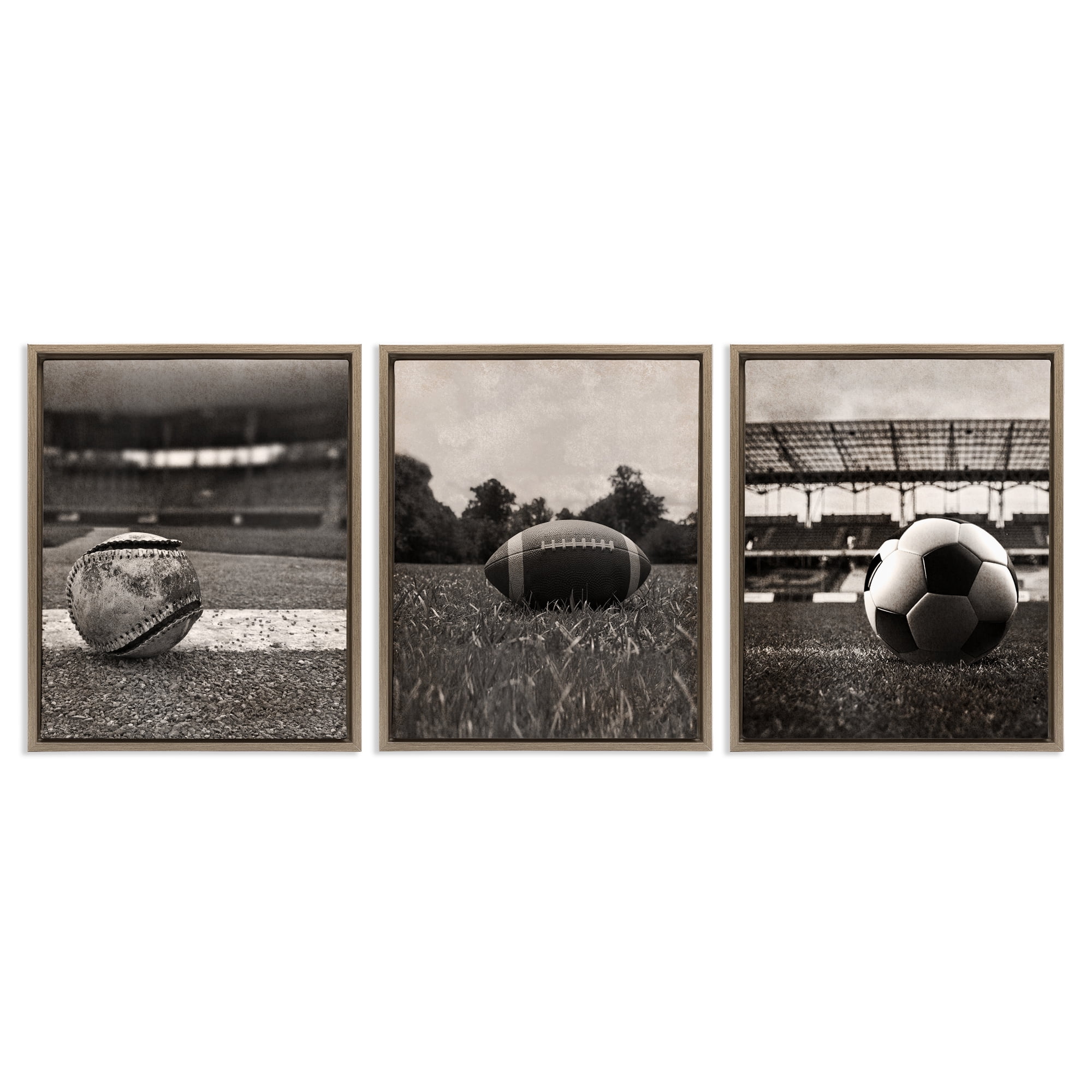 Stupell Industries Vintage Sports on Field 3 Piece Brown Framed Floater Canvas Set, design by Marcus Prime