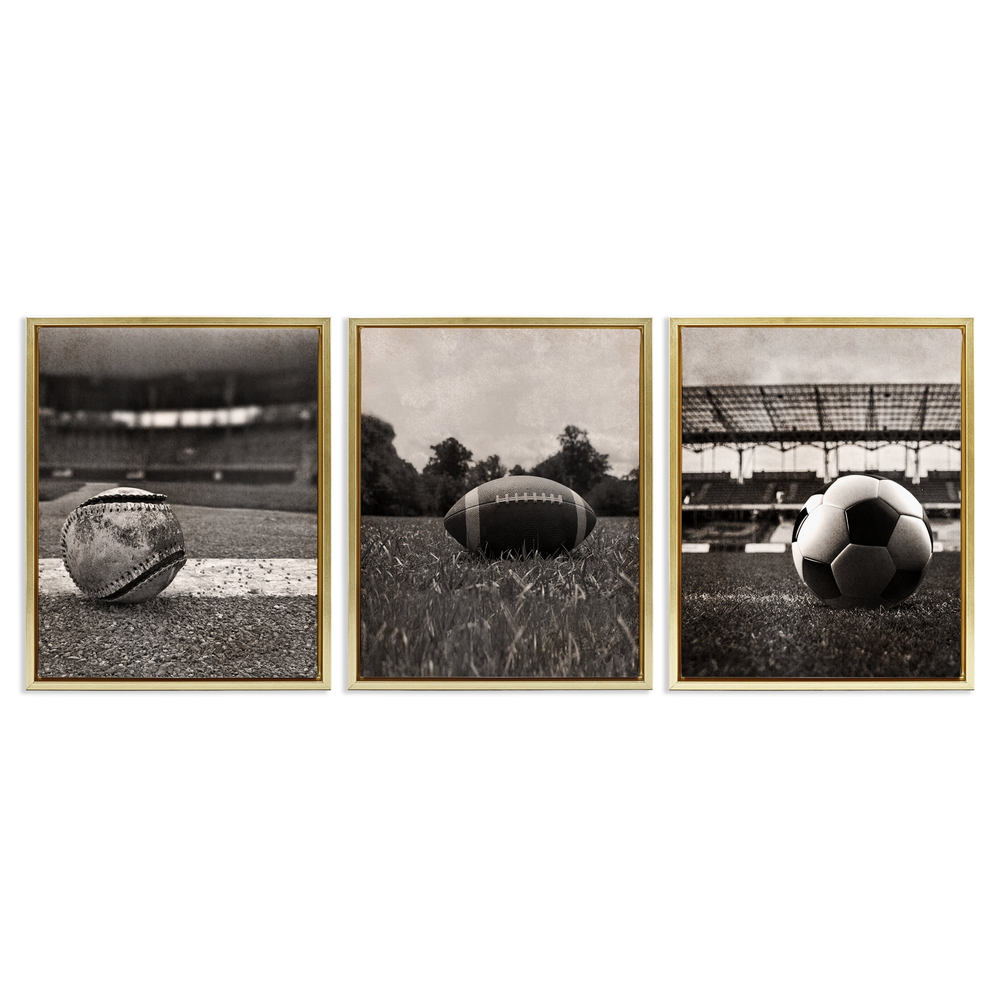 Stupell Industries Vintage Sports on Field 3 Piece Gold Framed Floater Canvas Set, design by Marcus Prime