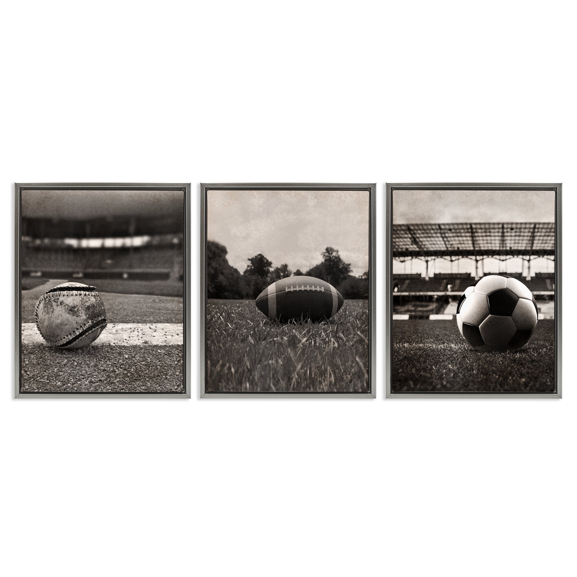Stupell Industries Vintage Sports on Field 3 Piece Gray Framed Floater Canvas Set, design by Marcus Prime