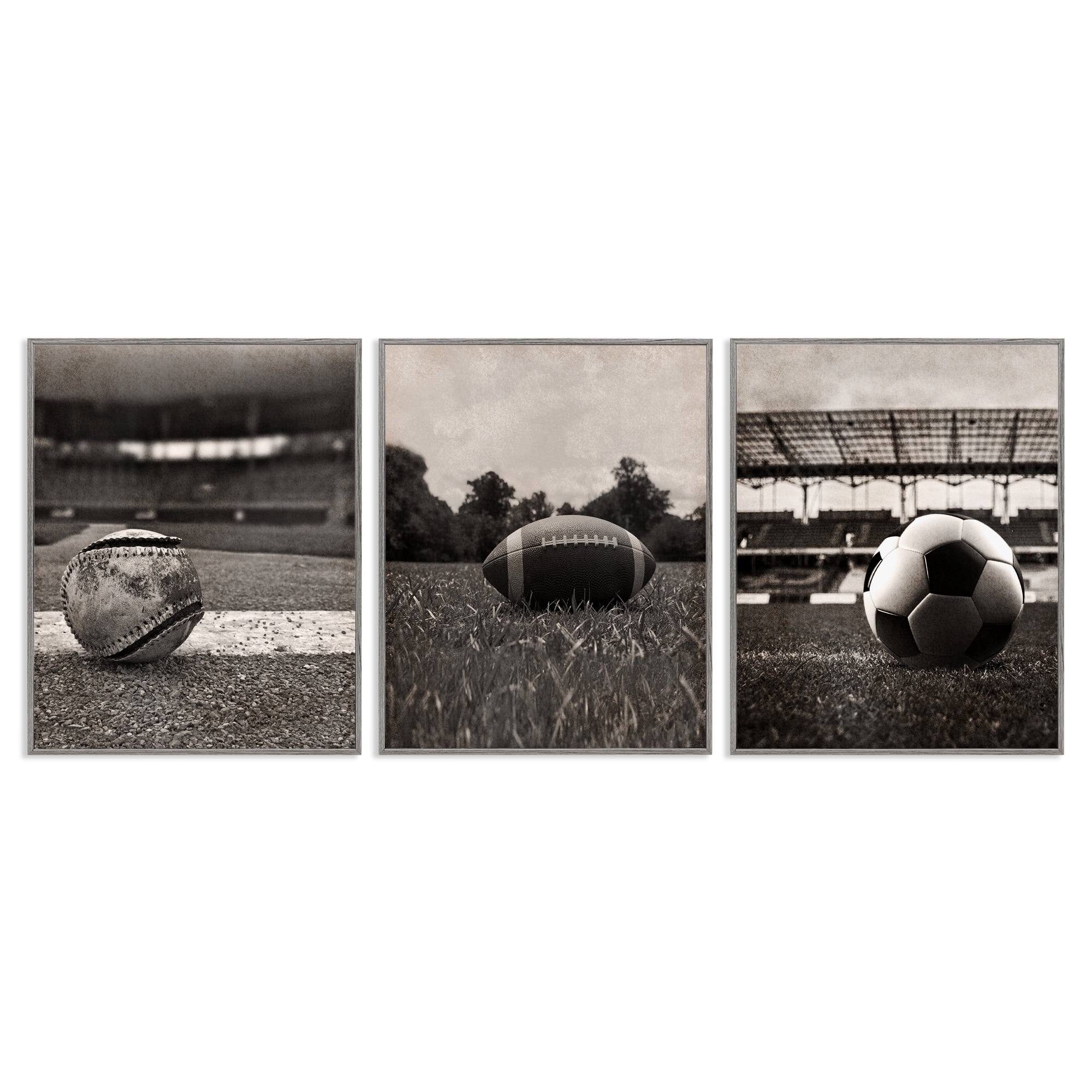 Stupell Industries Vintage Sports on Field 3 Piece Gray Framed Giclee Art Set, design by Marcus Prime