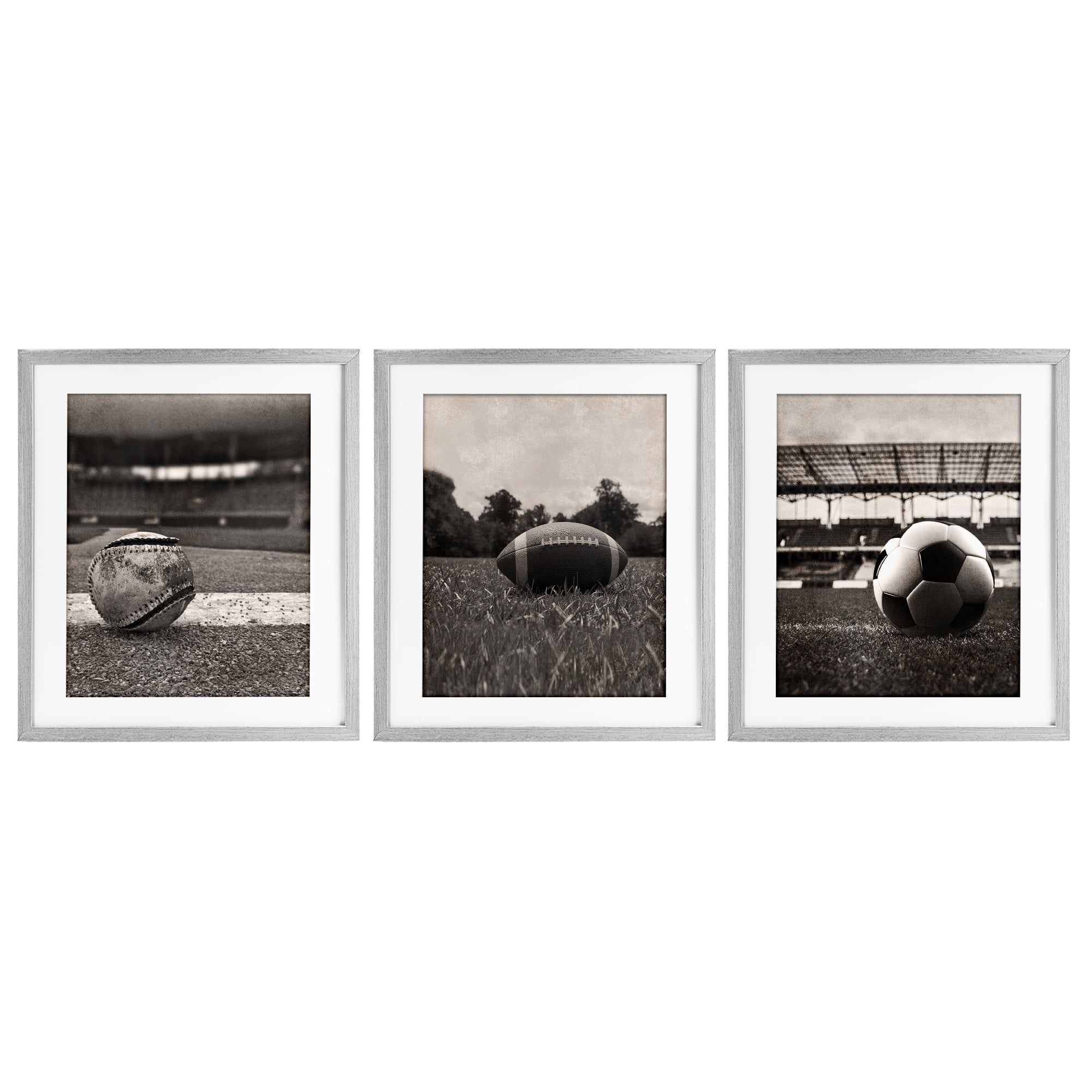 Stupell Industries Vintage Sports on Field 3 Piece Gray Framed Print Under Glass Set, design by Marcus Prime