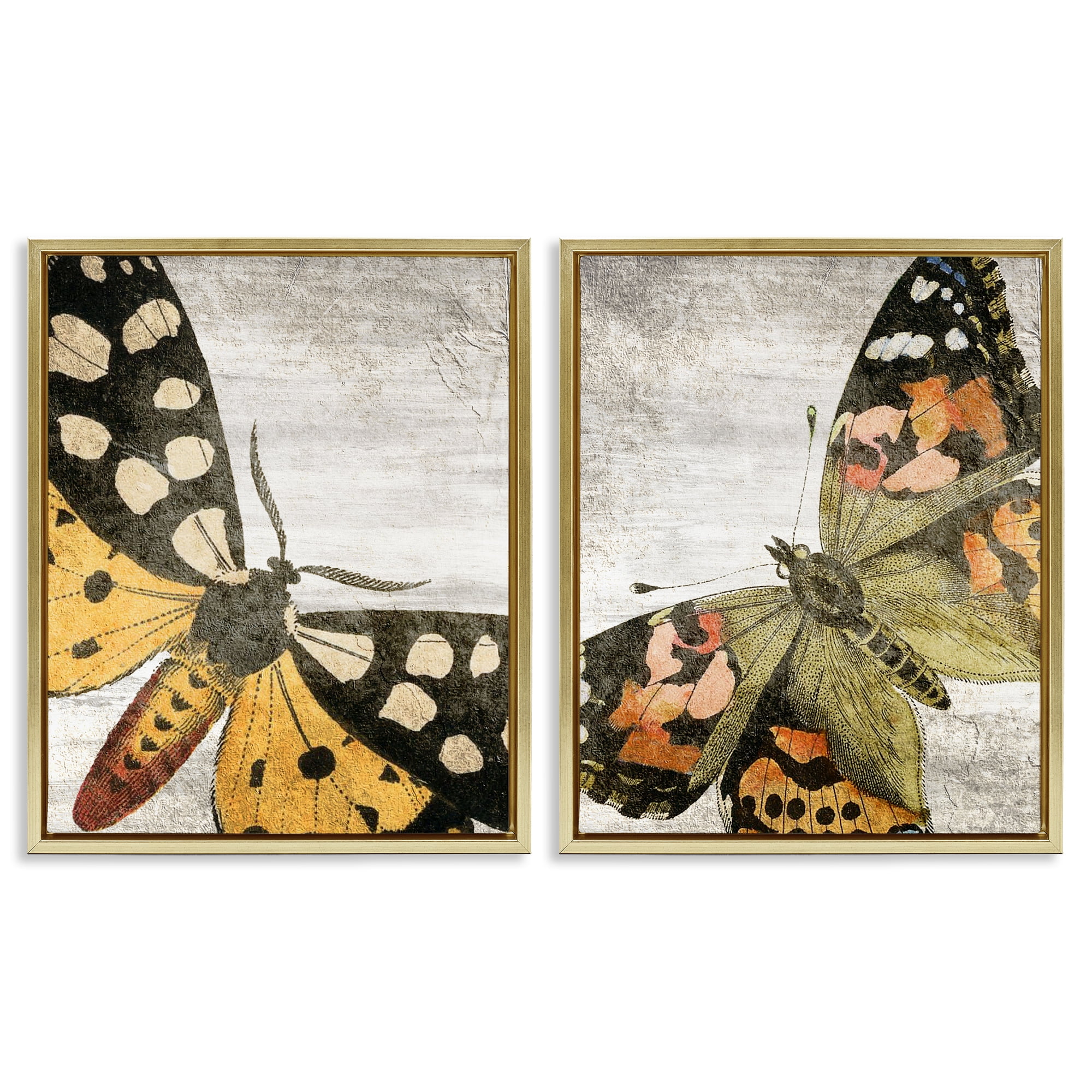 Stupell Industries Vintage Spotted butterflies Animals Painting Gold Floater Framed Canvas Art Print Wall Art, 17 x 21, Set of 2