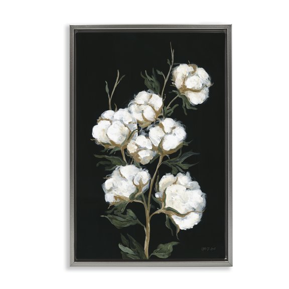 Stupell Industries Vintage Stems of Cotton Plants & Flowers Painting Gray Floater Framed Canvas Art Print Wall Art, 17 x 25