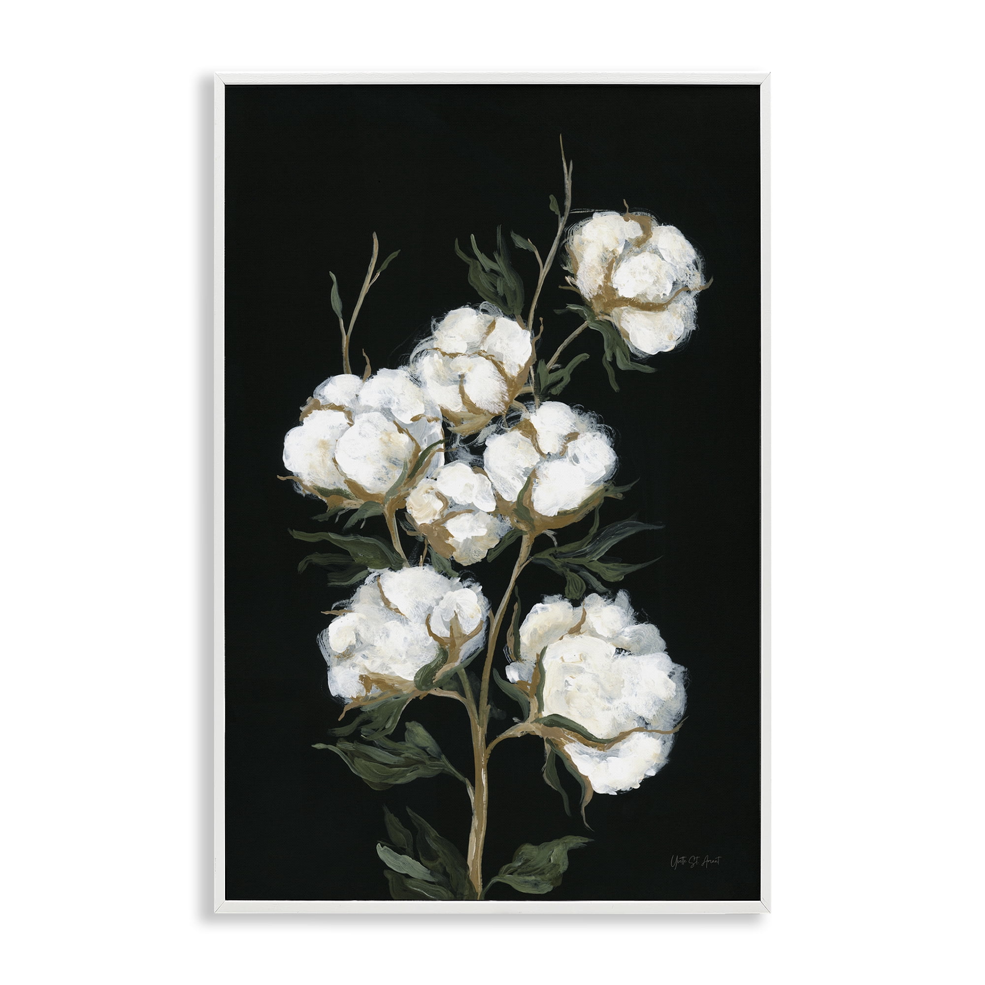 Stupell Industries Vintage Stems of Cotton Plants & Flowers Painting White Framed Art Print Wall Art, 20 x 30