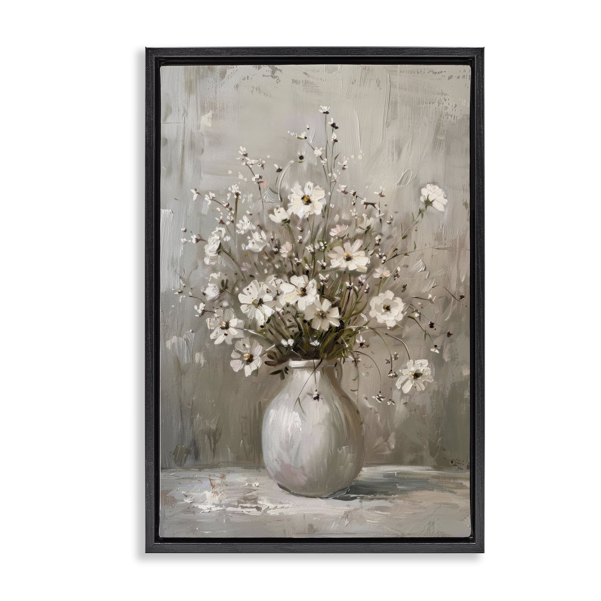 Stupell Industries Vintage Still Life Daisies Plants & Flowers Painting Black Floater Framed Canvas Art Print Wall Art, 21 x 31