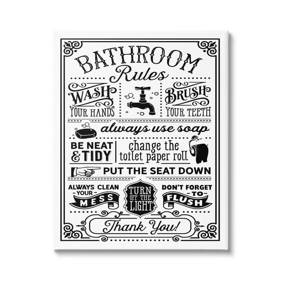Stupell Industries Vintage Style Bathroom Rules Diagram List Border Graphic Art Gallery Wrapped Canvas Print Wall Art, Design by Lettered and Lined
