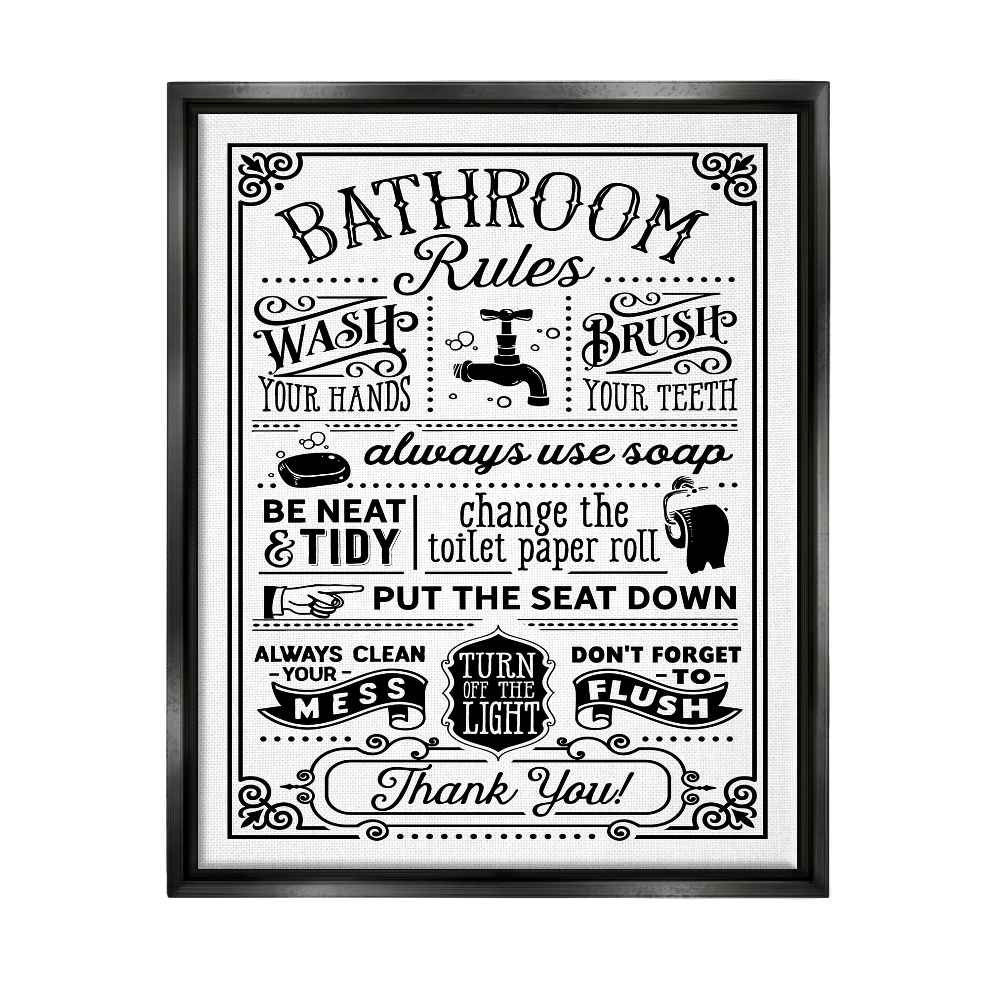 Stupell Industries Vintage Style Bathroom Rules Diagram List Border Graphic Art Jet Black Floating Framed Canvas Print Wall Art, Design by Lettered and Lined
