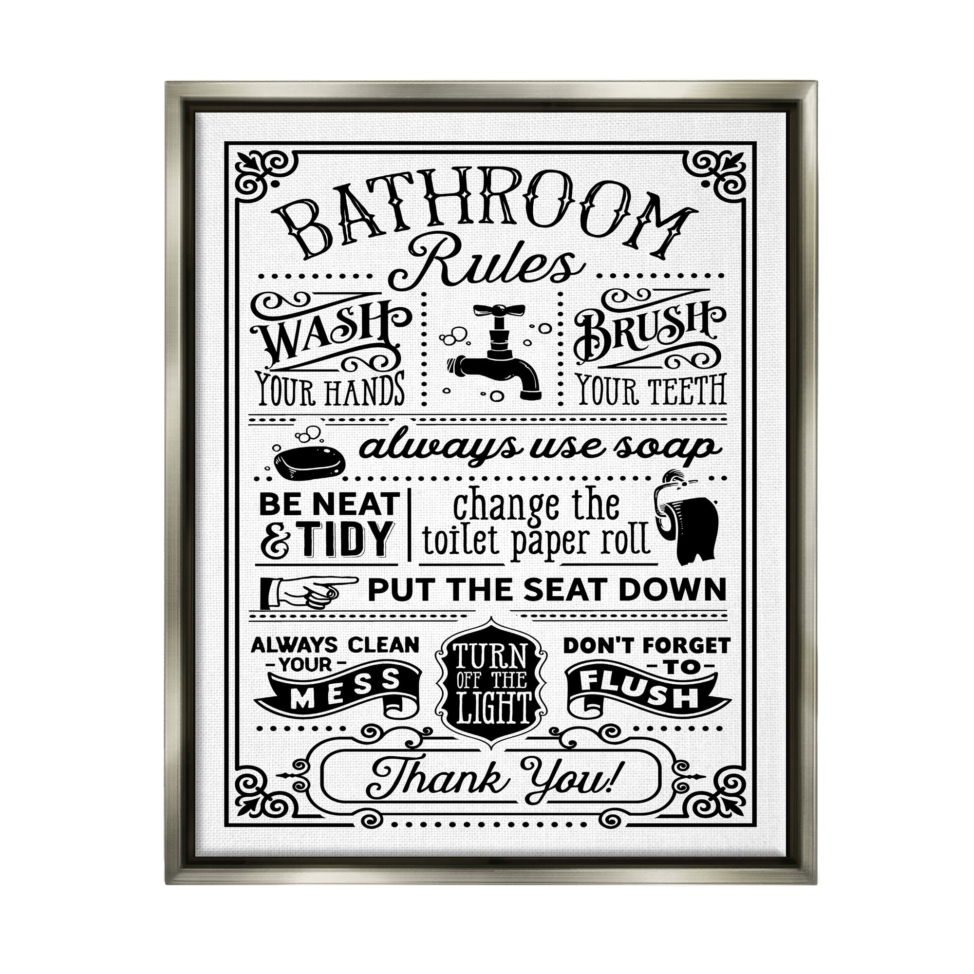 Stupell Industries Vintage Style Bathroom Rules Diagram List Border Graphic Art Luster Gray Floating Framed Canvas Print Wall Art, Design by Lettered and Lined