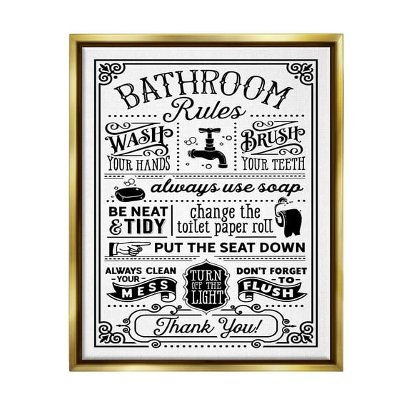 Stupell Industries Vintage Style Bathroom Rules Diagram List Border Graphic Art Metallic Gold Floating Framed Canvas Print Wall Art, Design by Lettered and Lined
