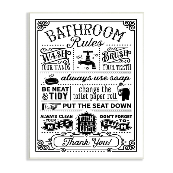 Stupell Industries Vintage Style Bathroom Rules Diagram List Border Graphic Art Unframed Art Print Wall Art, Design by Lettered and Lined