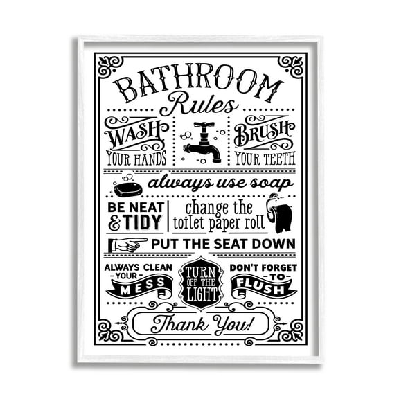 Stupell Industries Vintage Style Bathroom Rules Diagram List Border Graphic Art White Framed Art Print Wall Art, Design by Lettered and Lined