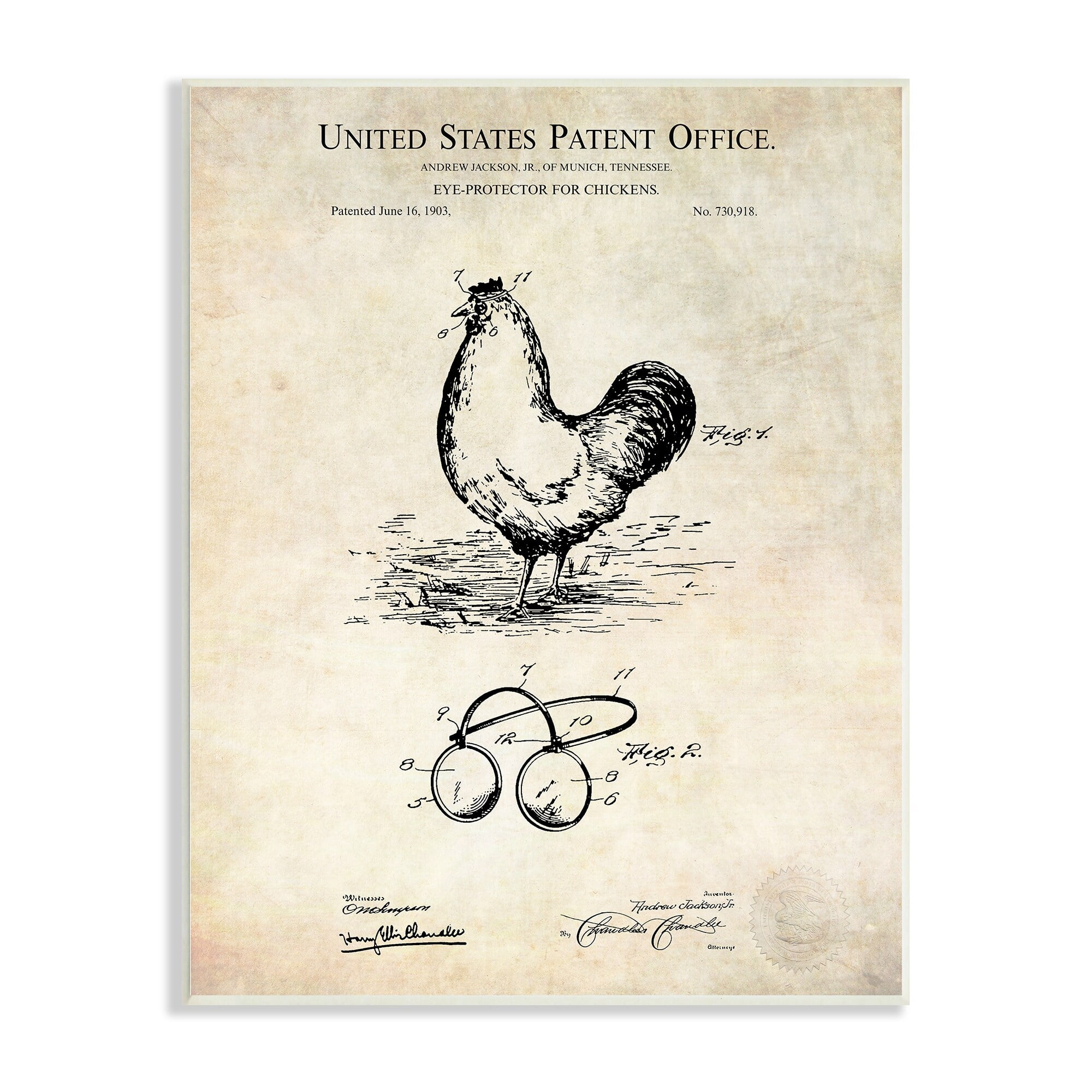 Stupell Industries Vintage Style Chicken Eye Protection Patent Blueprint Diagram Wood Wall Art, 10 x 15, Design by Karl Hronek