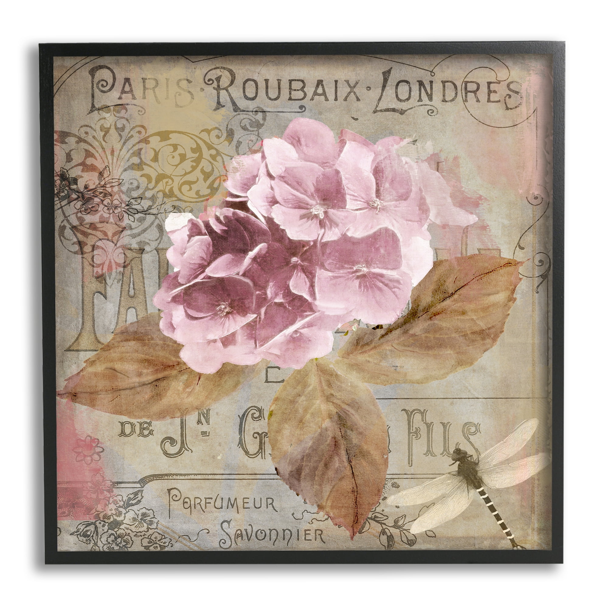 Stupell Industries Vintage Style Flower Blossom French Words Dragonfly Graphic Art Black Framed Art Print Wall Art, Design by Mindy Sommers