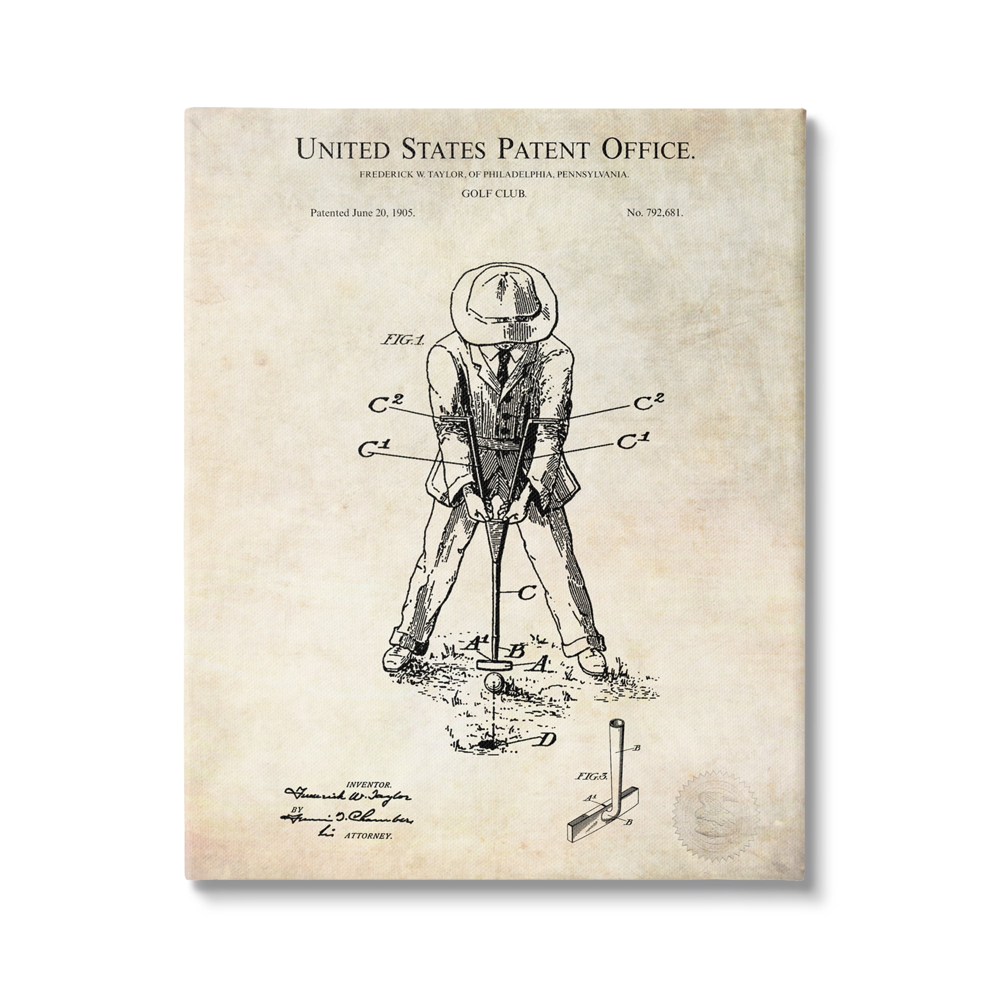 Stupell Industries Vintage Style Man Golfing Club Diagram Patent Text Canvas Wall Art, 16 x 20, Design by Karl Hronek