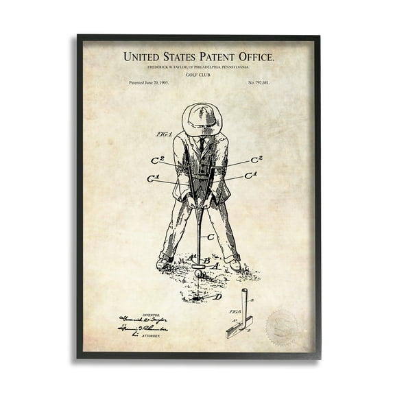 Stupell Industries Vintage Style Man Golfing Club Diagram Patent Text Framed Wall Art, 11 x 14, Design by Karl Hronek