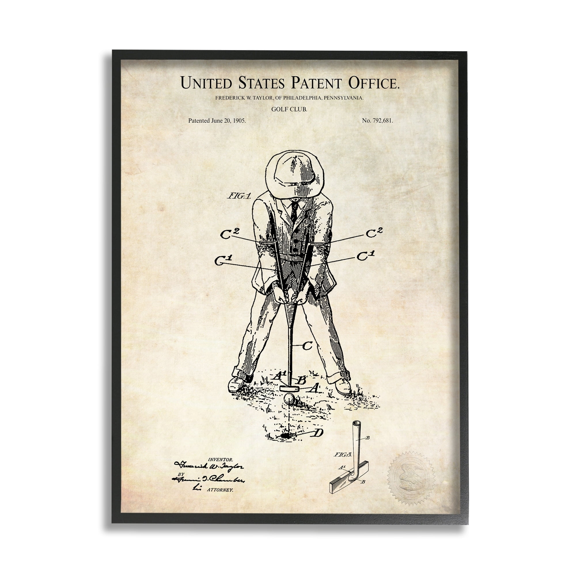 Stupell Industries Vintage Style Man Golfing Club Diagram Patent Text Framed Wall Art, 24 x 30, Design by Karl Hronek