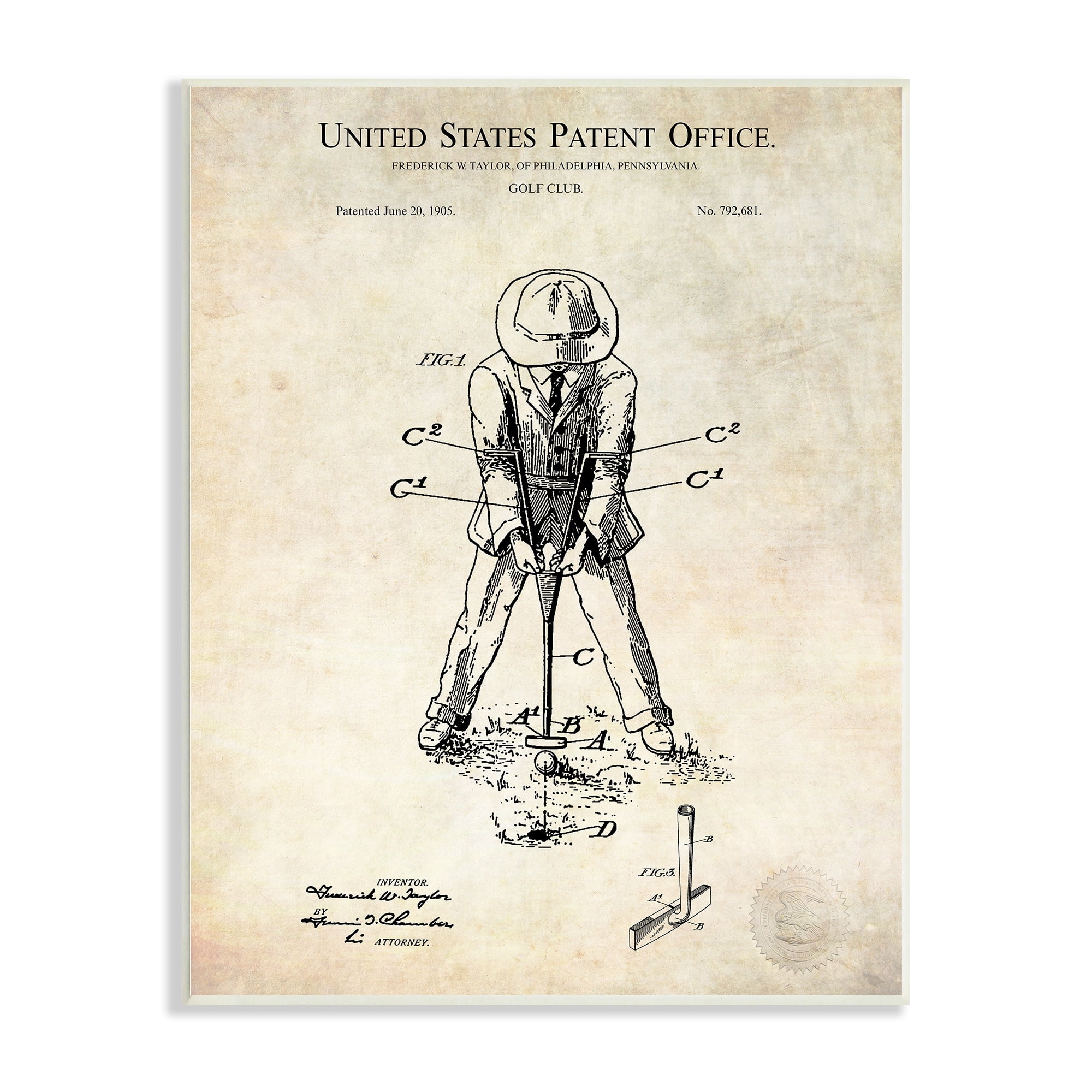 Stupell Industries Vintage Style Man Golfing Club Diagram Patent Text Wood Wall Art, 10 x 15, Design by Karl Hronek