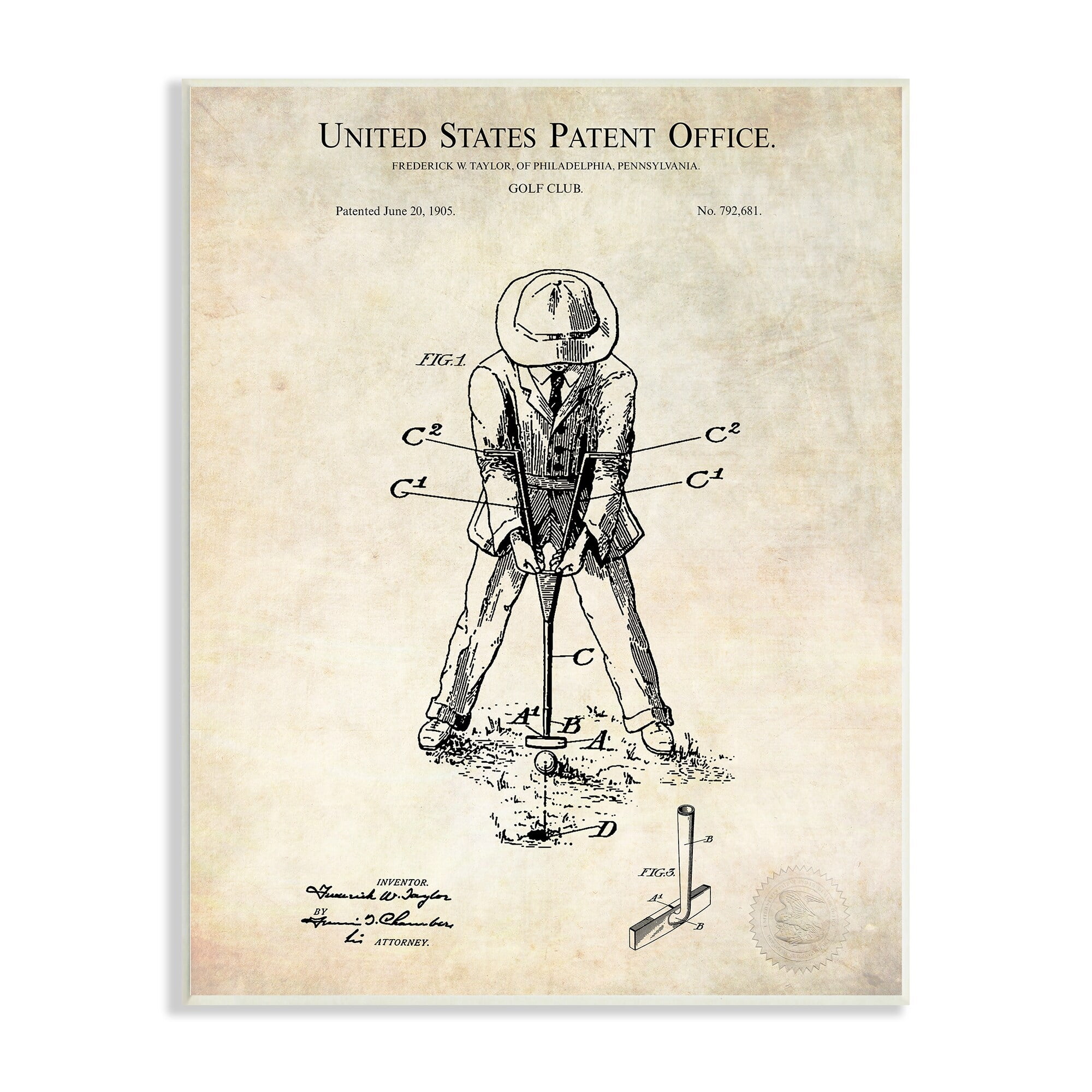 Stupell Industries Vintage Style Man Golfing Club Diagram Patent Text Wood Wall Art, 13 x 19, Design by Karl Hronek