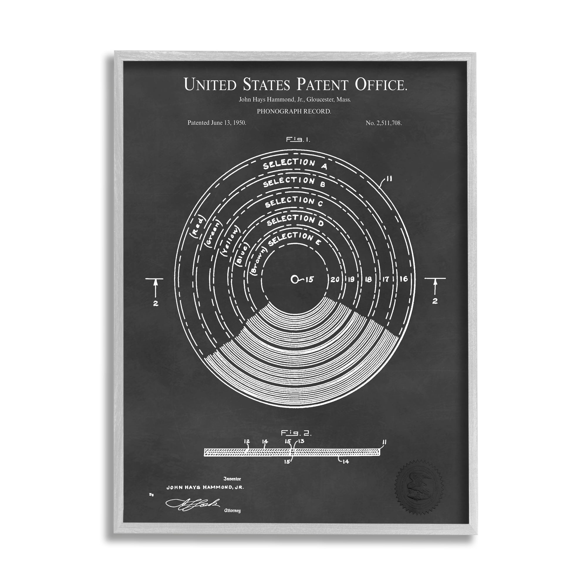 Gray Framed Vintage Record Patent Blueprint Wall Art, 16 x 20