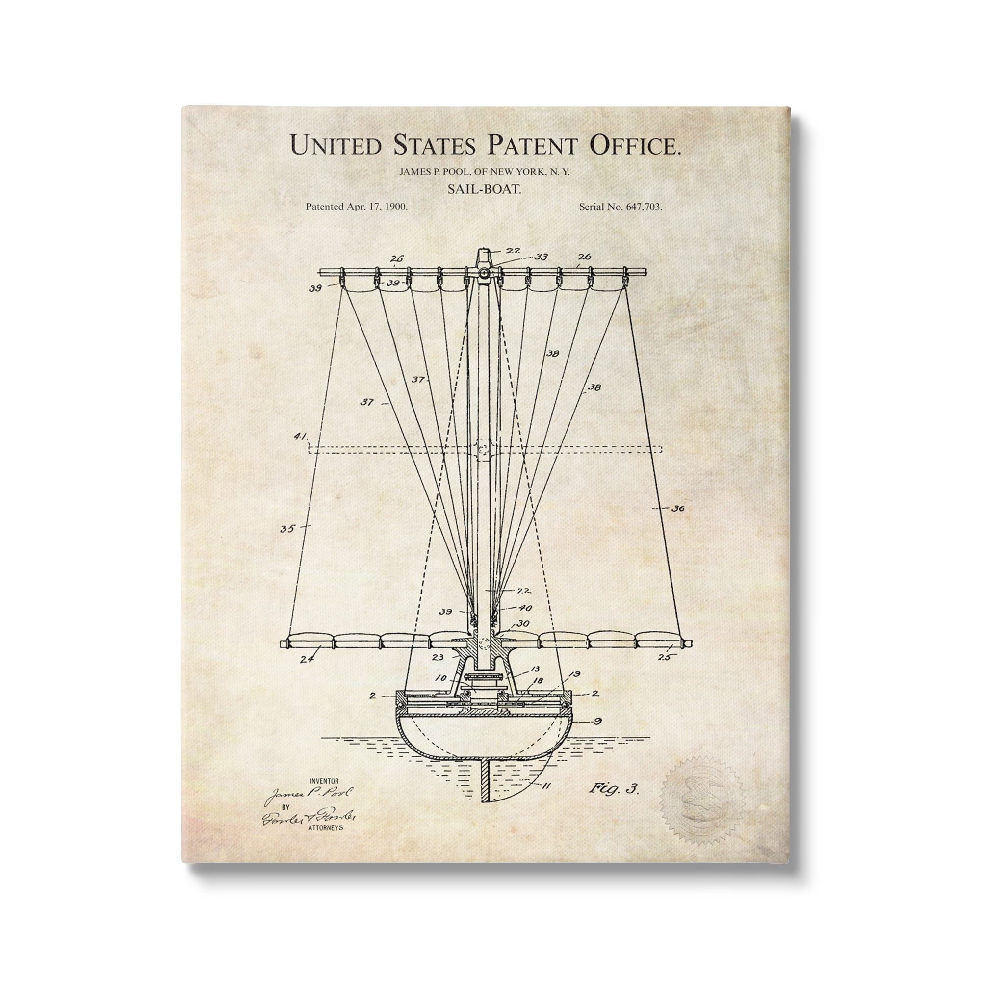 Stupell Industries Vintage Style Sailboat Watercraft Detailed Diagram Blueprint Canvas Wall Art, 36 x 48, Design by Karl Hronek