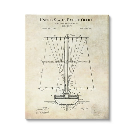 Stupell Industries Vintage Style Sailboat Watercraft Detailed Diagram Blueprint Canvas Wall Art, 36 x 48, Design by Karl Hronek