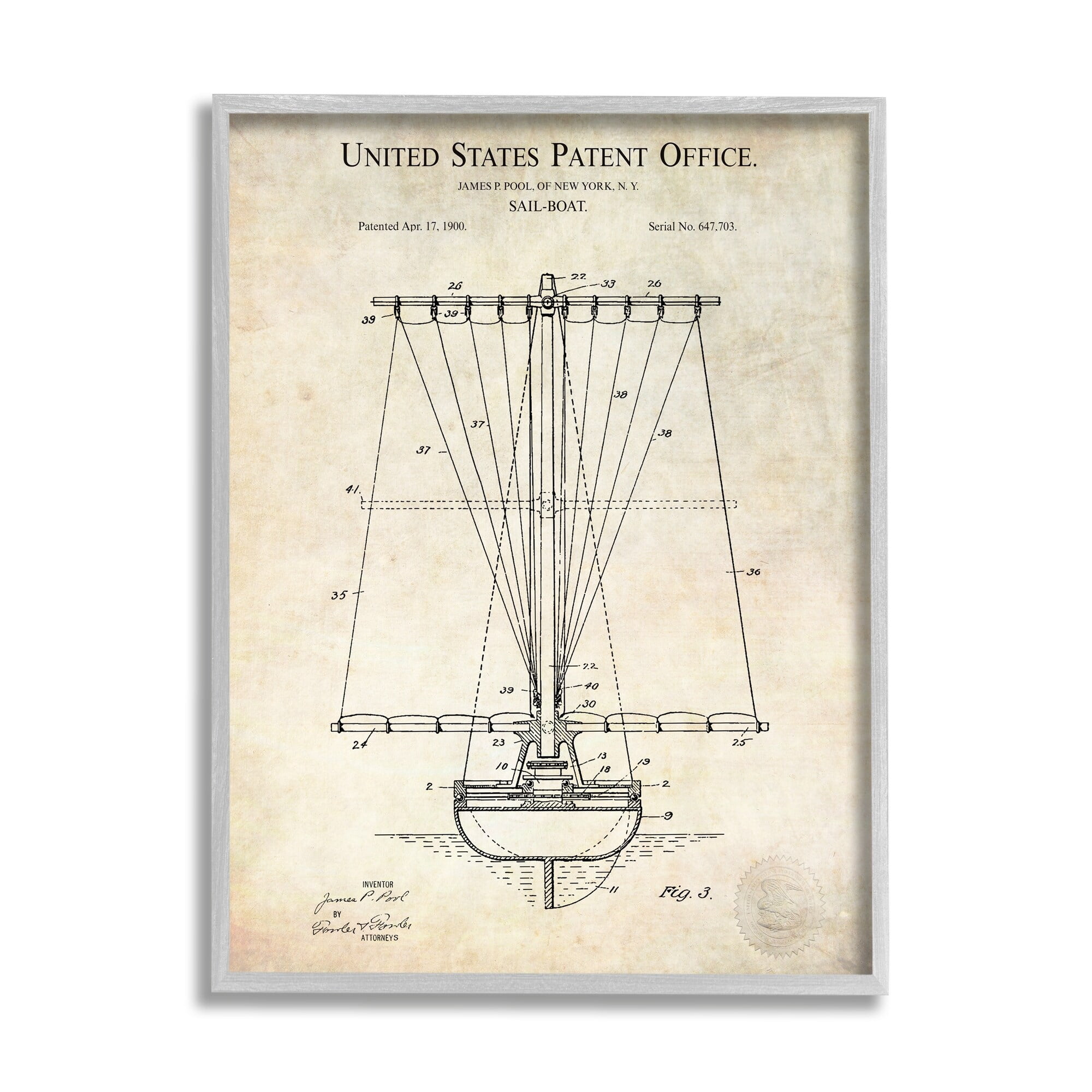 Stupell Industries Vintage Style Sailboat Watercraft Detailed Diagram Blueprint Framed Wall Art, 24 x 30, Design by Karl Hronek