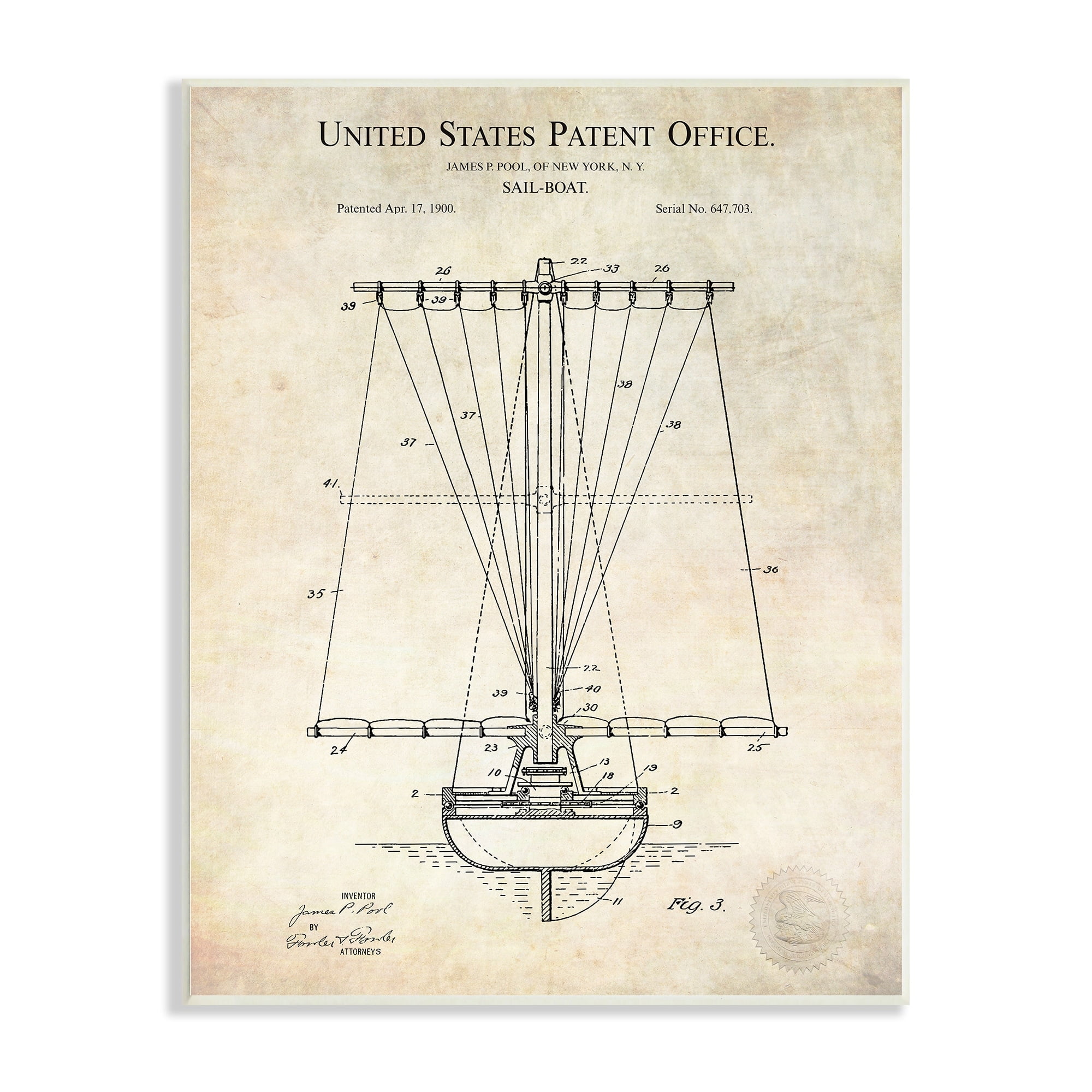 Stupell Industries Vintage Style Sailboat Watercraft Detailed Diagram Blueprint Wood Wall Art, 13 x 19, Design by Karl Hronek