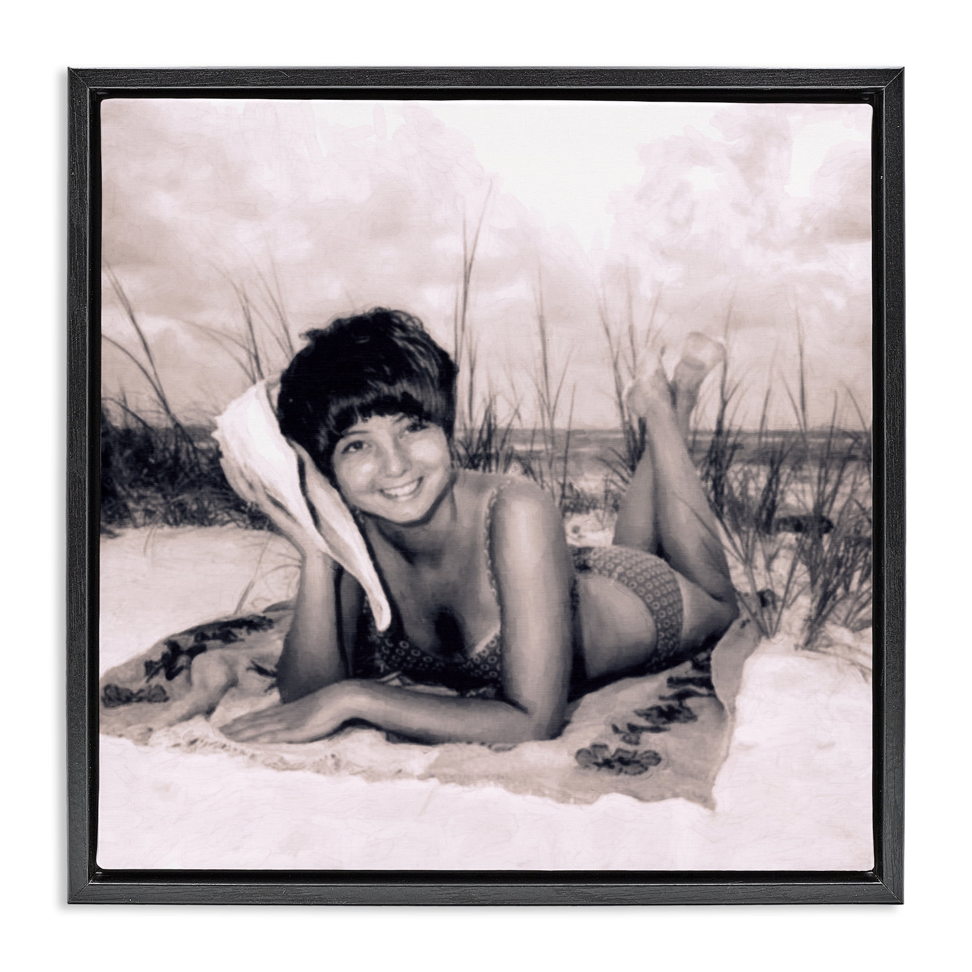 Stupell Industries Vintage Summer Girl with Conch Black Framed Floater Canvas Wall Art, design by Grotto Studios