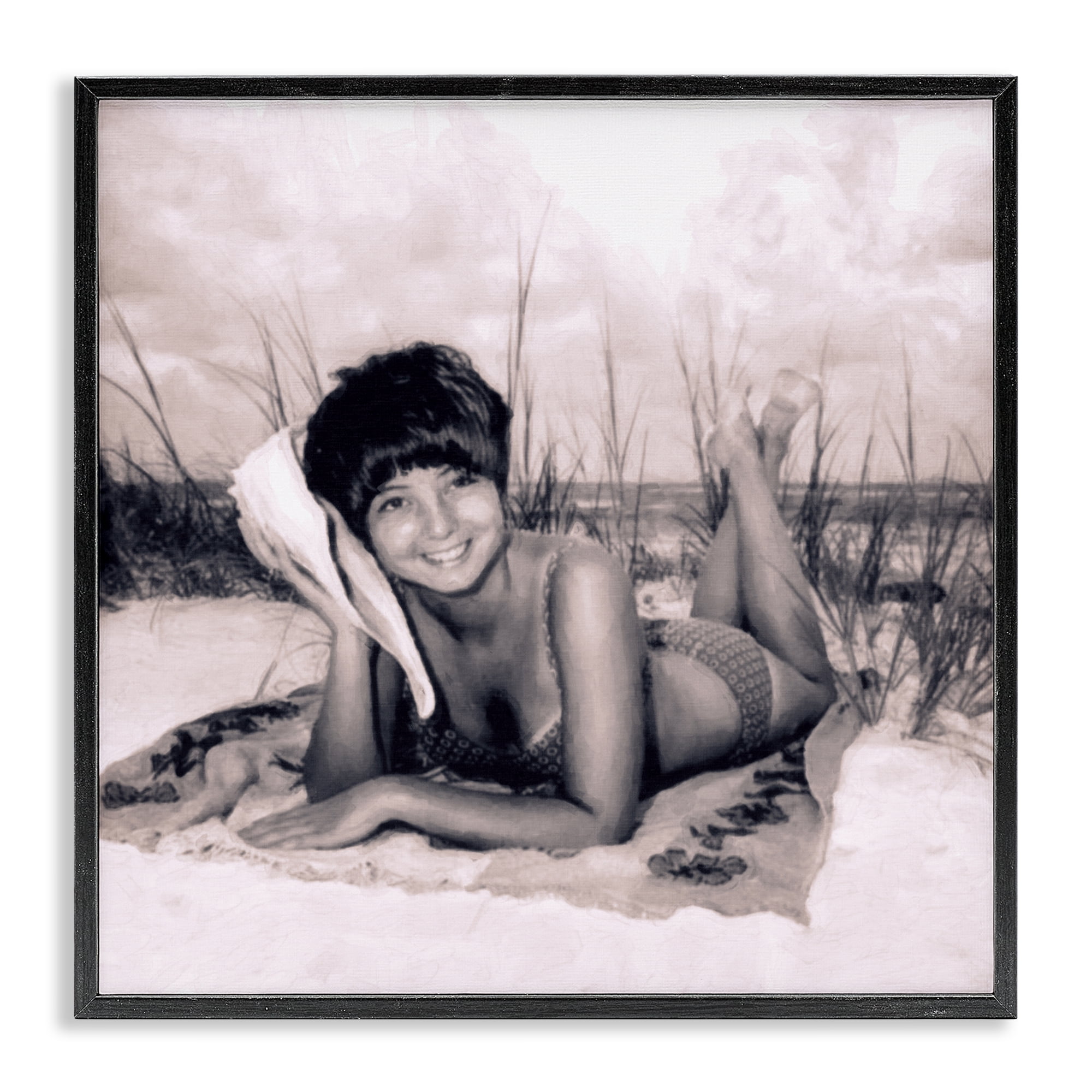 Stupell Industries Vintage Summer Girl with Conch Black Framed Giclee Art, design by Grotto Studios