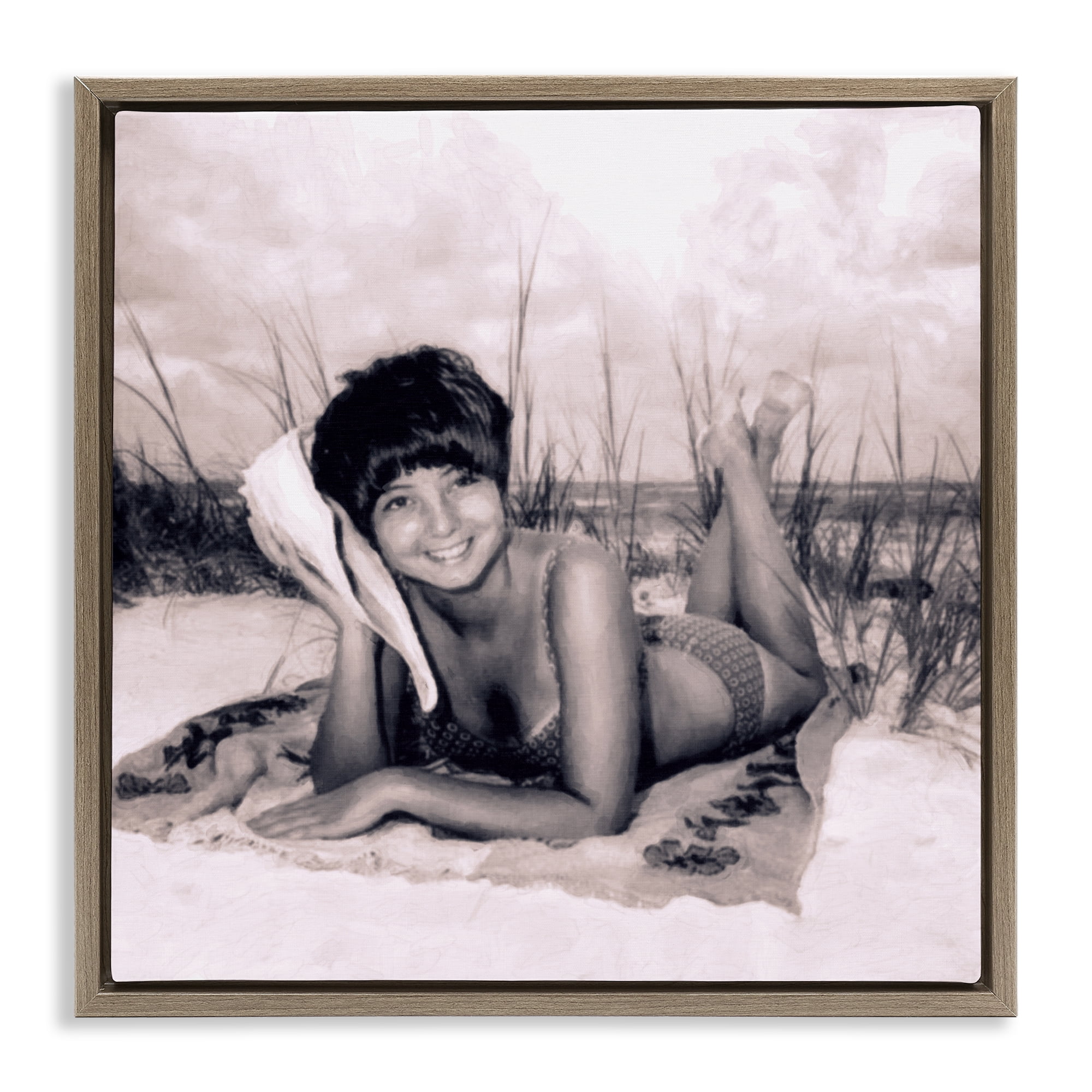Stupell Industries Vintage Summer Girl with Conch Brown Framed Floater Canvas Wall Art, design by Grotto Studios