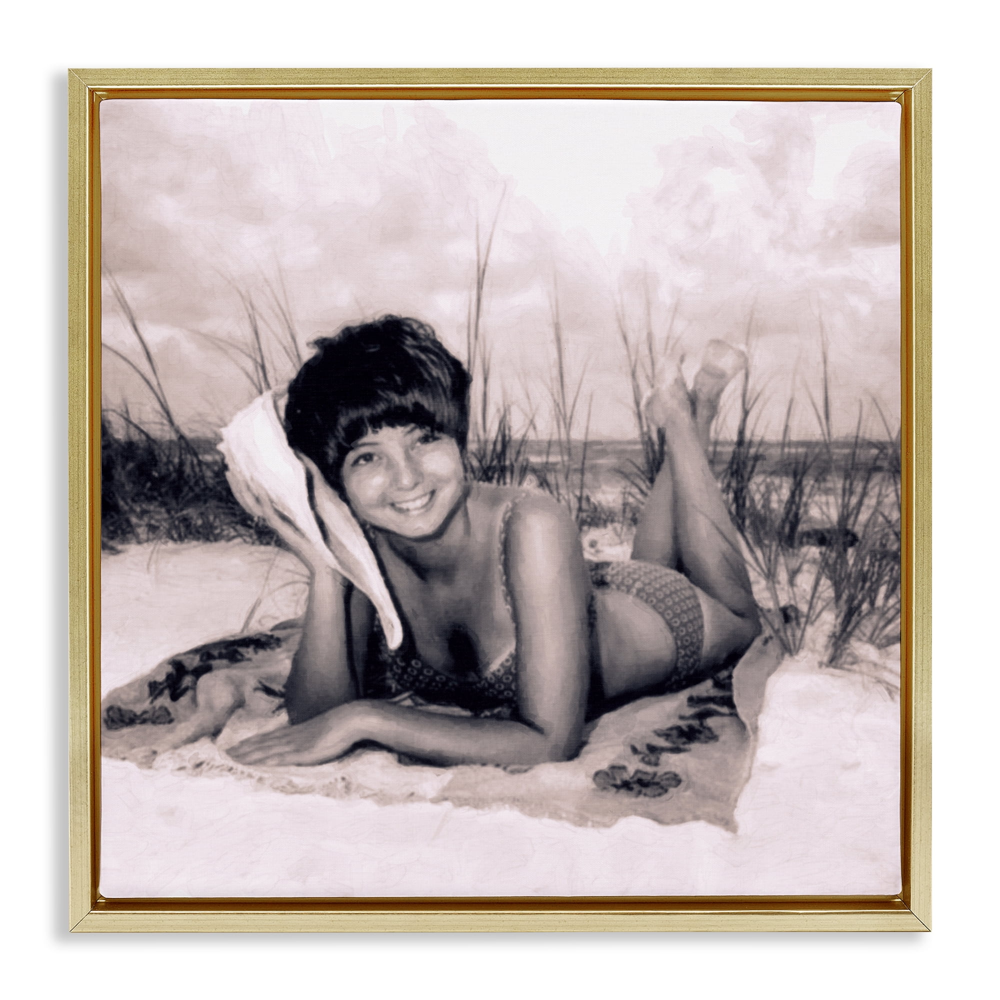 Stupell Industries Vintage Summer Girl with Conch Gold Framed Floater Canvas Wall Art, design by Grotto Studios