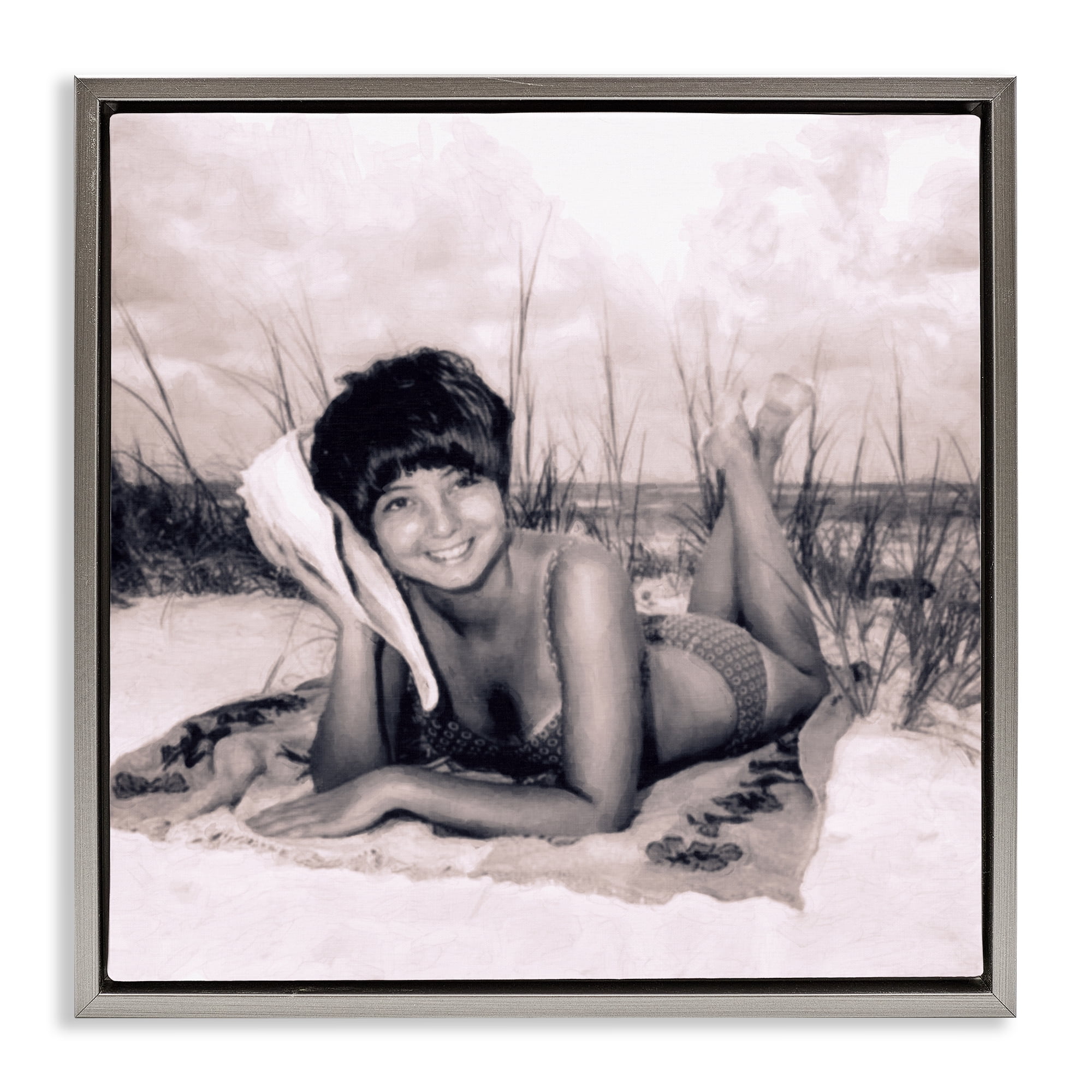 Stupell Industries Vintage Summer Girl with Conch Gray Framed Floater Canvas Wall Art, design by Grotto Studios