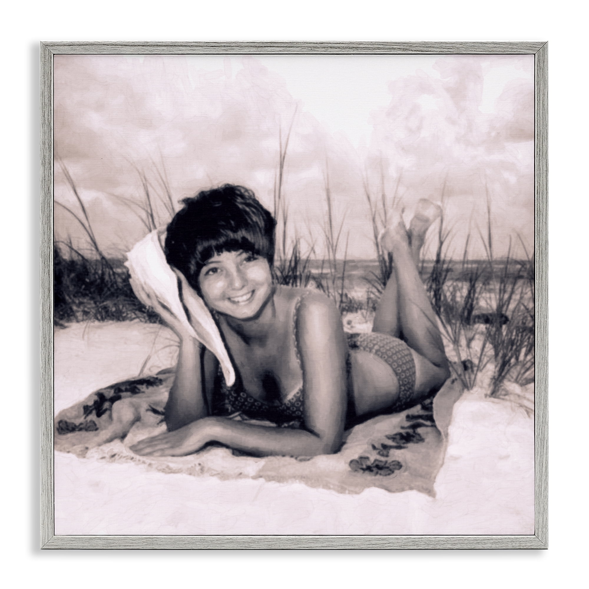 Stupell Industries Vintage Summer Girl with Conch Gray Framed Giclee Art, design by Grotto Studios