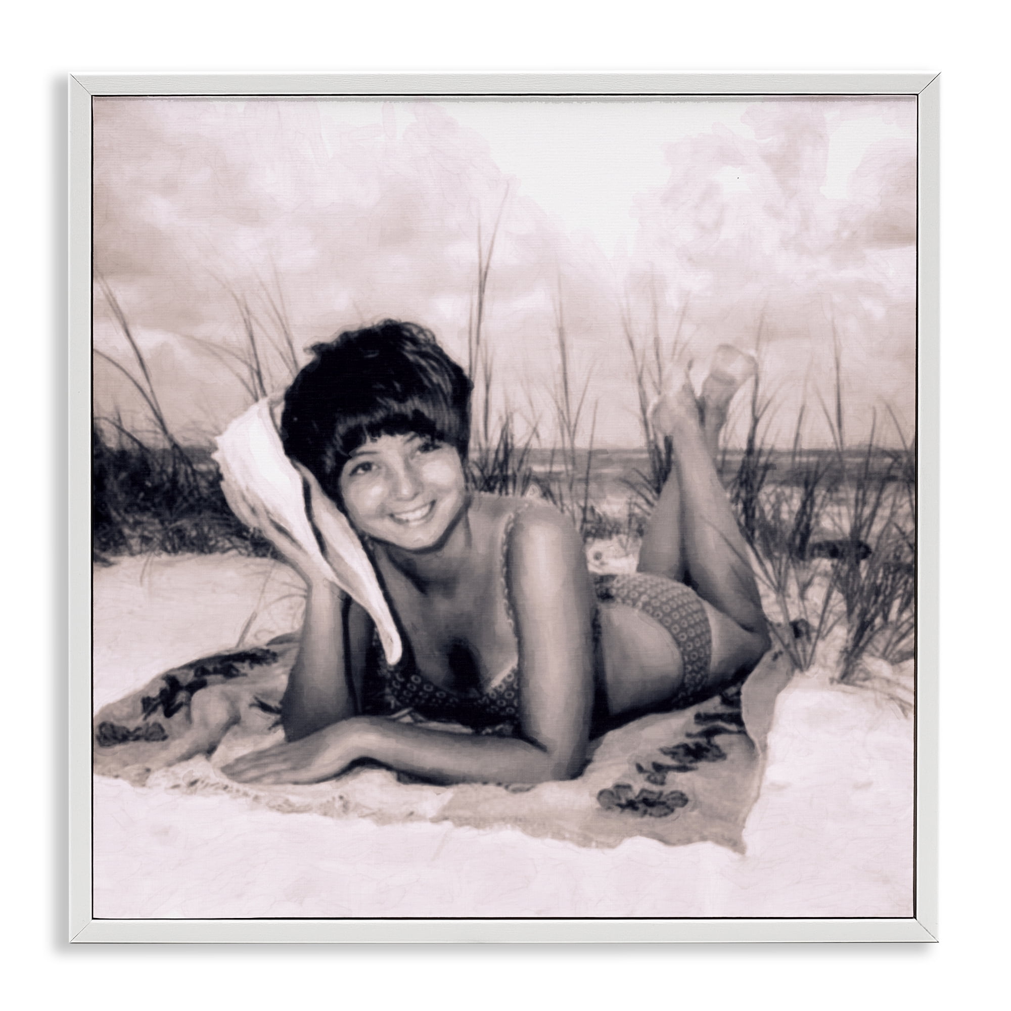 Stupell Industries Vintage Summer Girl with Conch White Framed Giclee Art, design by Grotto Studios