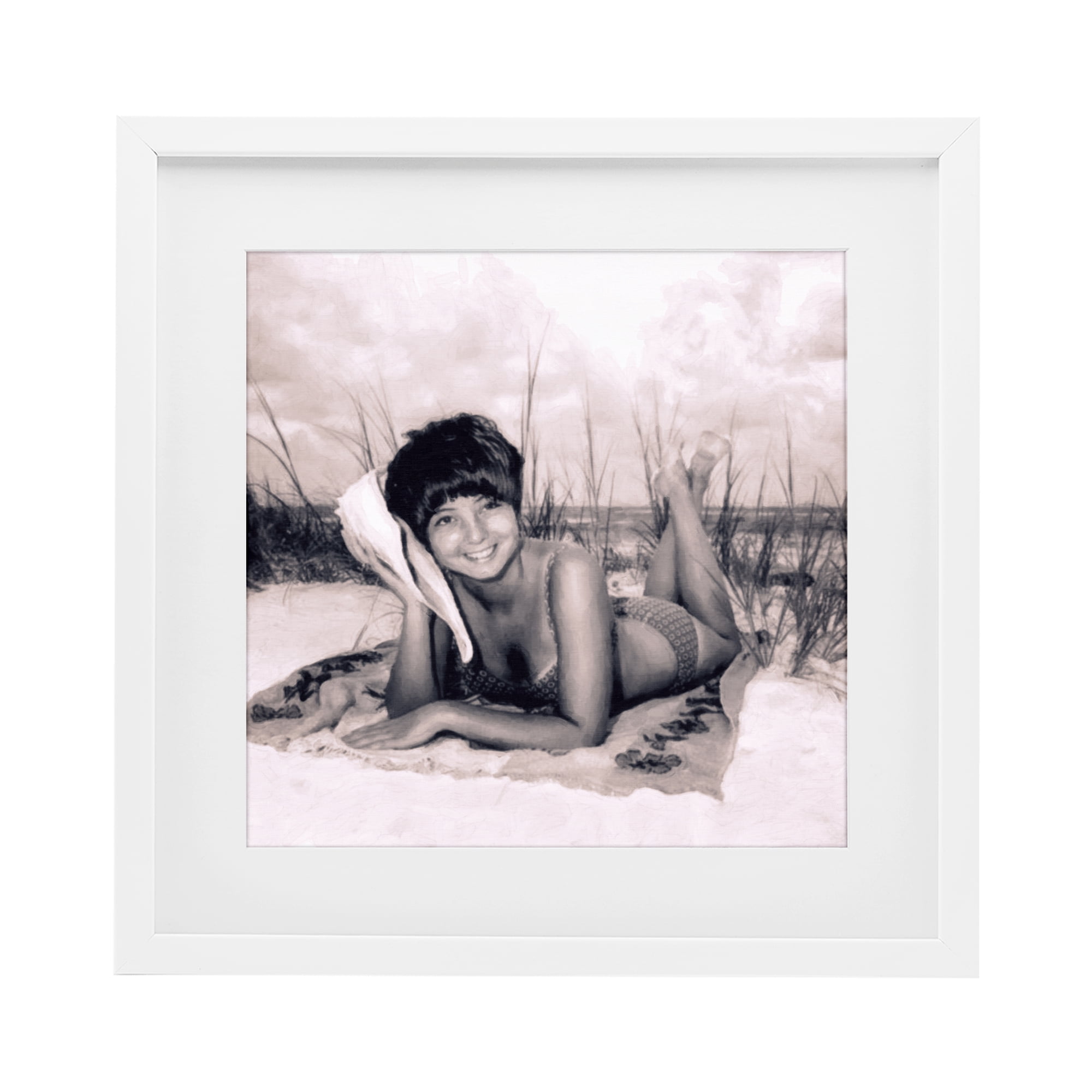 Stupell Industries Vintage Summer Girl with Conch White Framed Print Under Glass, design by Grotto Studios