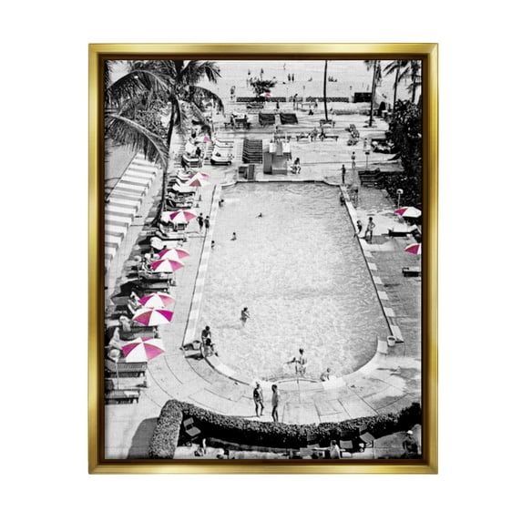 Stupell Industries Vintage Summer Resort Beach Pool Coastal Painting Gold Floater Framed Art Print Wall Art