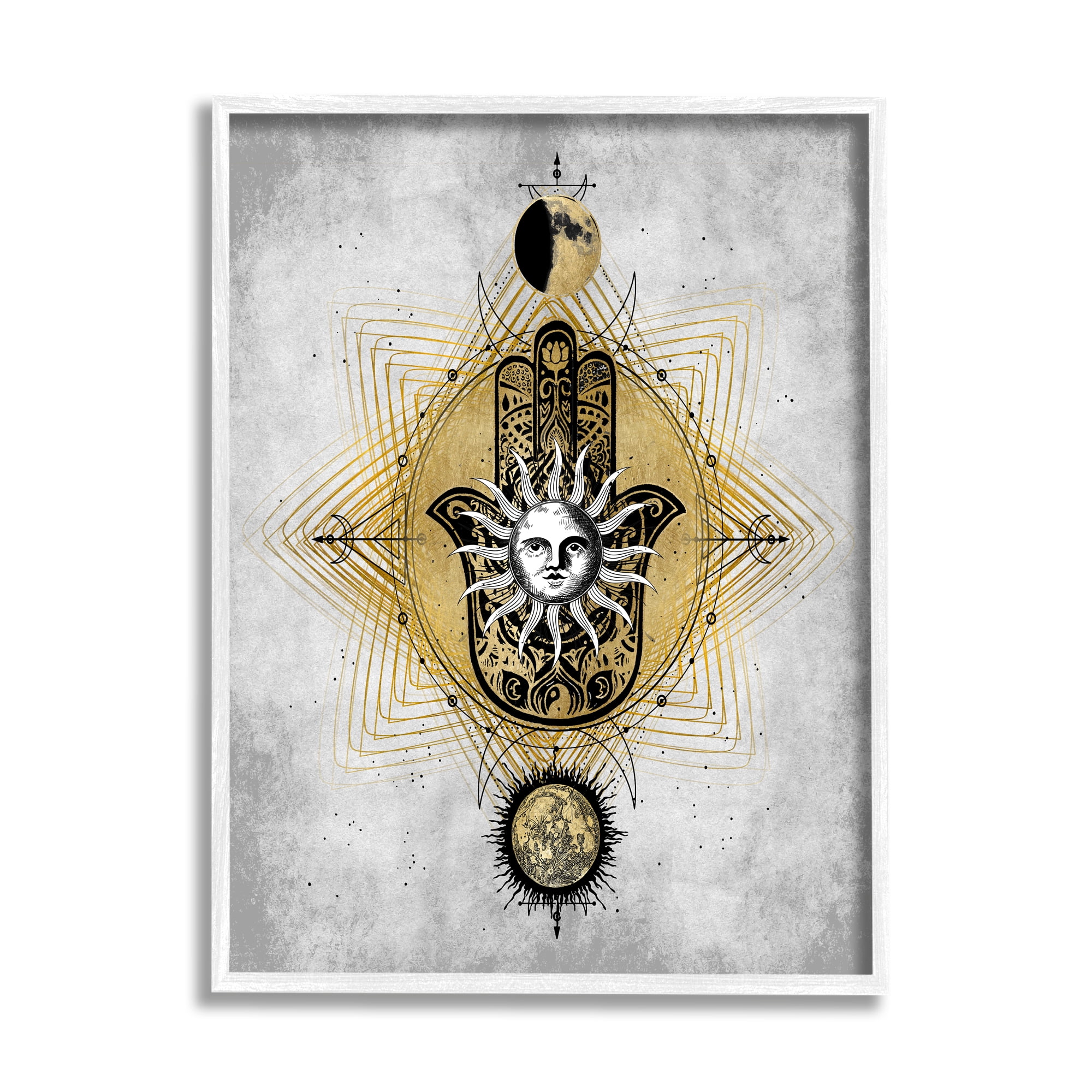Stupell Industries Vintage Sun Patterned Hamsa Symbol Astrological Geometry Modern Painting White Framed Art Print Wall Art, 24 x 30, Design by Oliver Jeffries